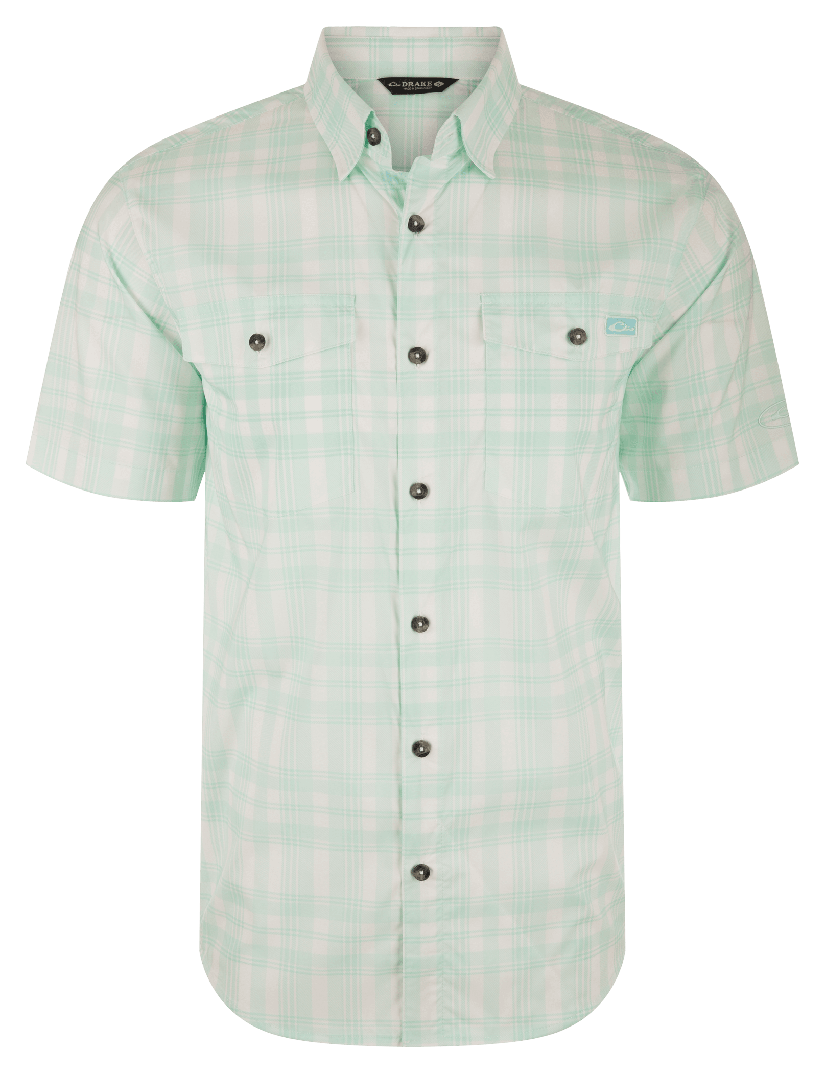 Image of Drake Waterfowl Frat Faded Plaid Short-Sleeve Button-Down Shirt - Beach Glass