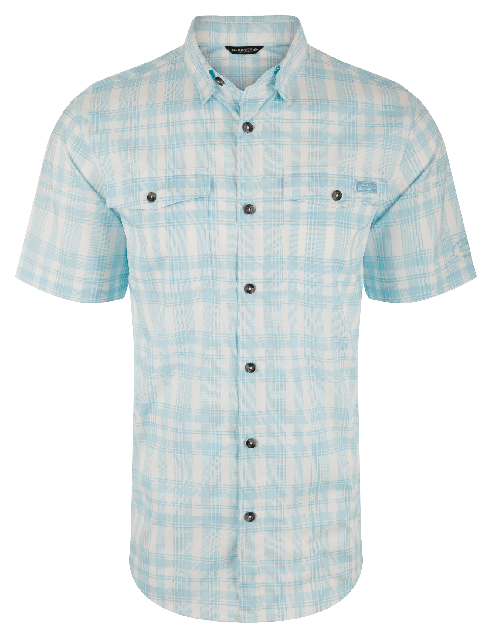 Image of Drake Waterfowl Frat Faded Plaid Short-Sleeve Button-Down Shirt - Baltic Sea