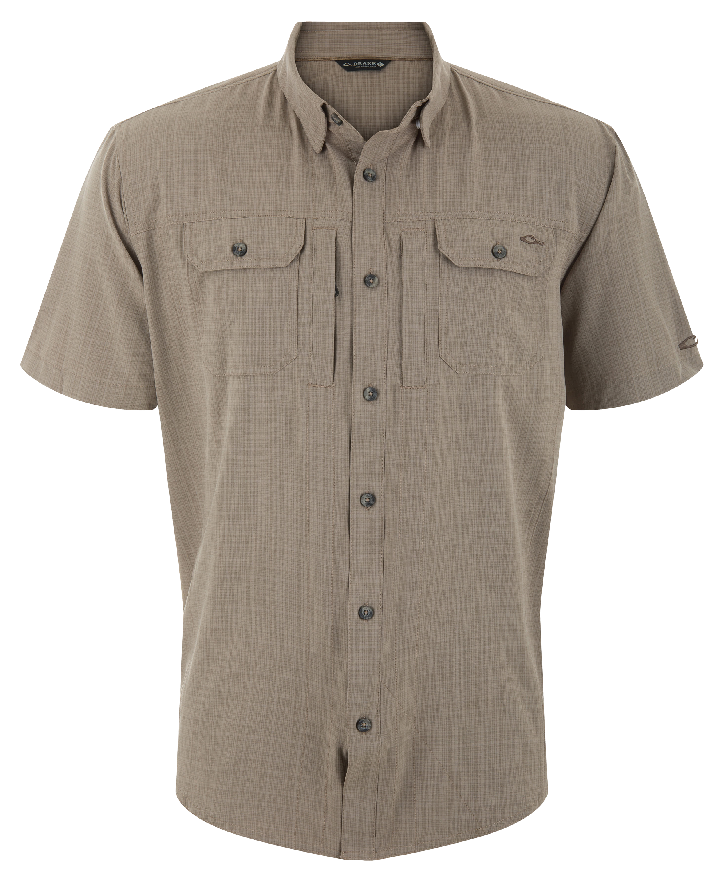 Image of Drake Waterfowl Wingshooter Trey Cross Hatch Short-Sleeve Button-Down Shirt - Timber Wolf Khaki