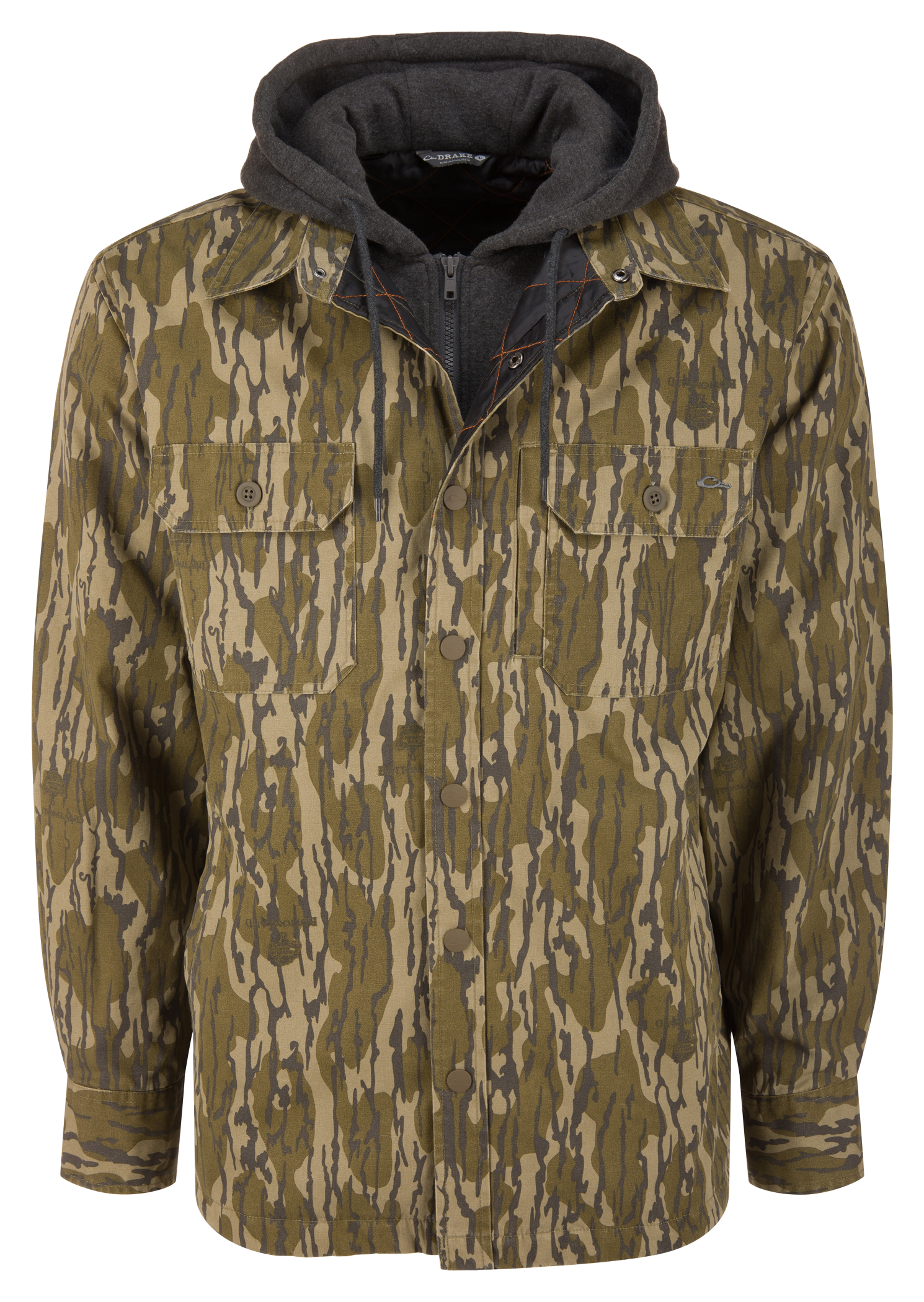 Image of Drake Waterfowl Campfire Canvas Shirt Jacket Hoodie - Mossy Oak Bottomland