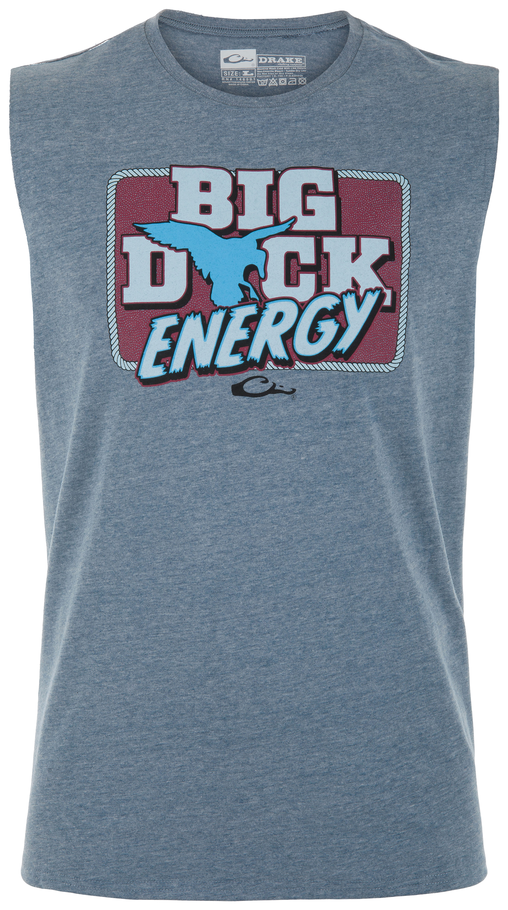 Image of Drake Waterfowl Big Duck Energy Sleeveless T-Shirt - Vintage Indigo Light Heather