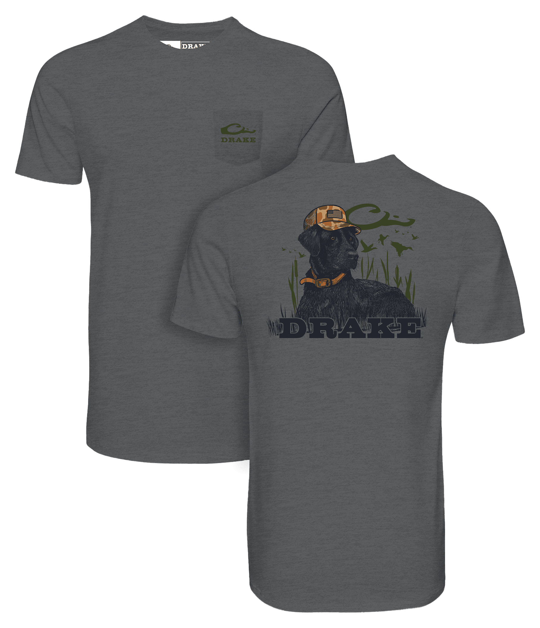 Image of Drake Waterfowl Lab Lounging Short-Sleeve Pocket T-Shirt - Graphite Heather