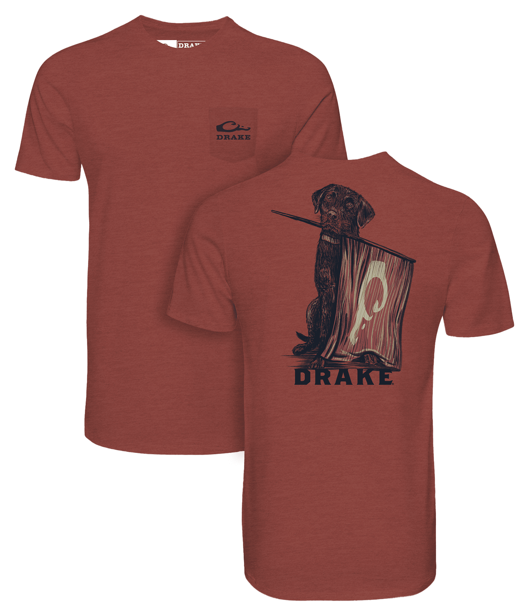 Image of Drake Waterfowl Lab Flag Bearer Short-Sleeve Pocket T-Shirt - Barn Red Light Heather