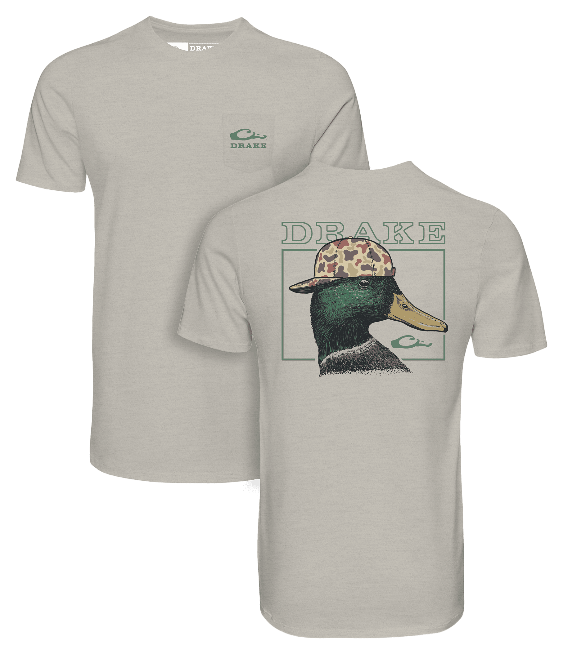 Image of Drake Waterfowl Back Cap Mallard Short-Sleeve Pocket T-Shirt - Cobblestone Light Heather