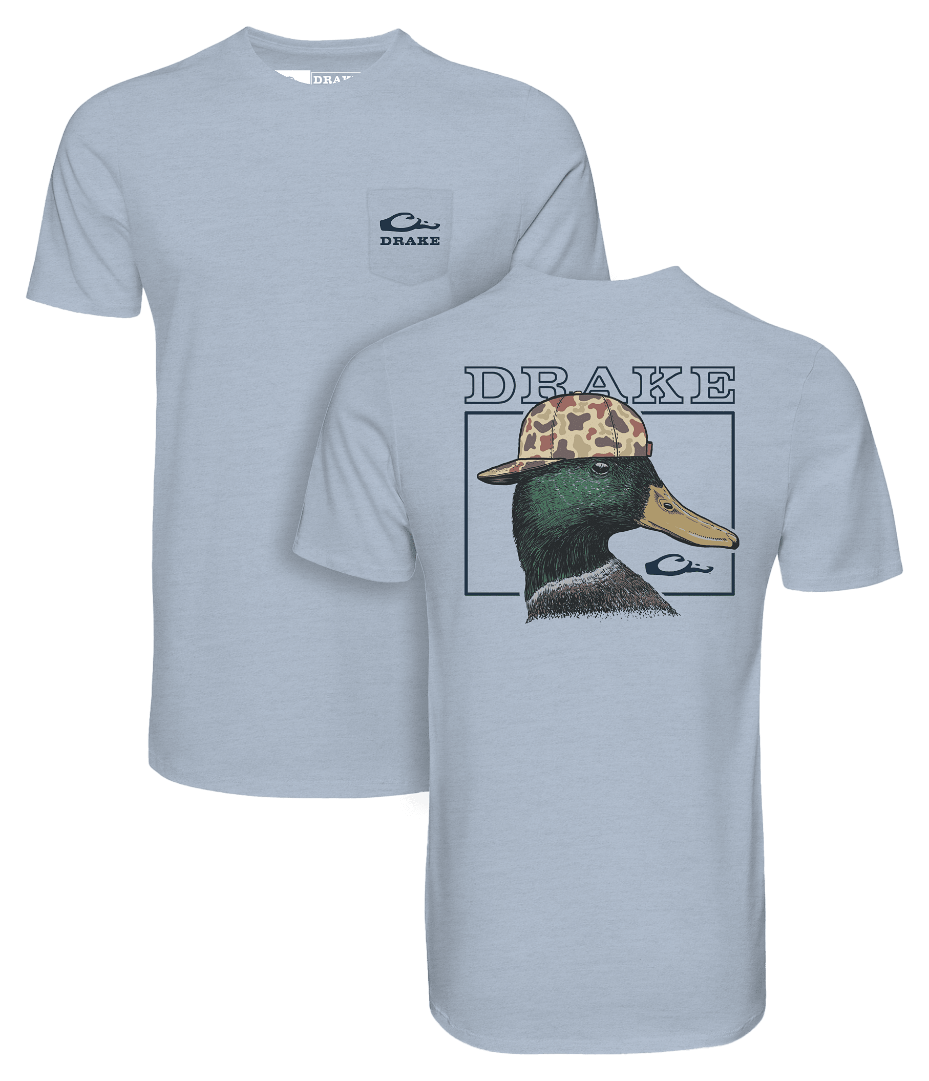 Image of Drake Waterfowl Back Cap Mallard Short-Sleeve Pocket T-Shirt - Cerulean Light Heather