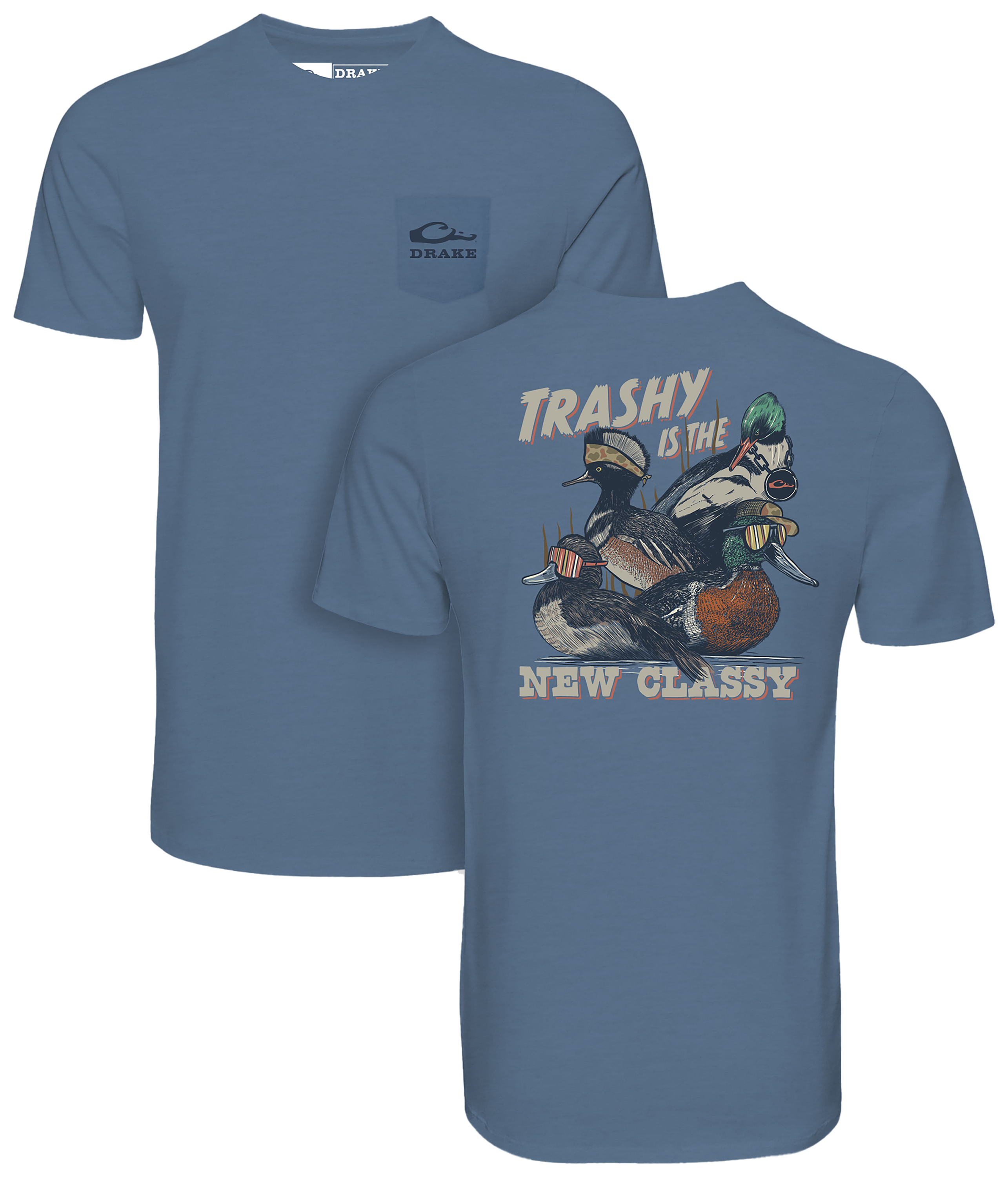 Image of Drake Waterfowl Trashy Ducks Short-Sleeve Pocket T-Shirt - Coronet Blue Light Heather