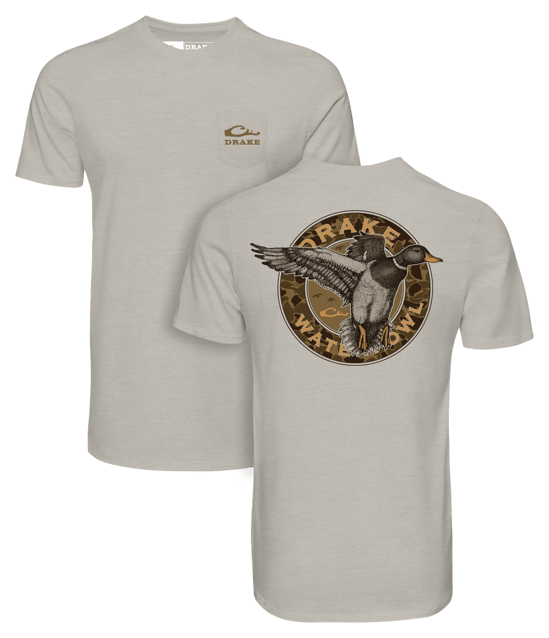 Image of Drake Waterfowl Circle Mallard Short-Sleeve Pocket T-Shirt - Cobblestone Light Heather