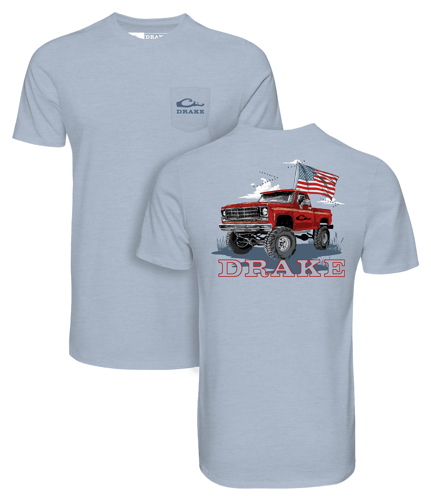 Image of Drake Waterfowl Americana Flag Truck Short-Sleeve Pocket T-Shirt - Cerulean Light Heather