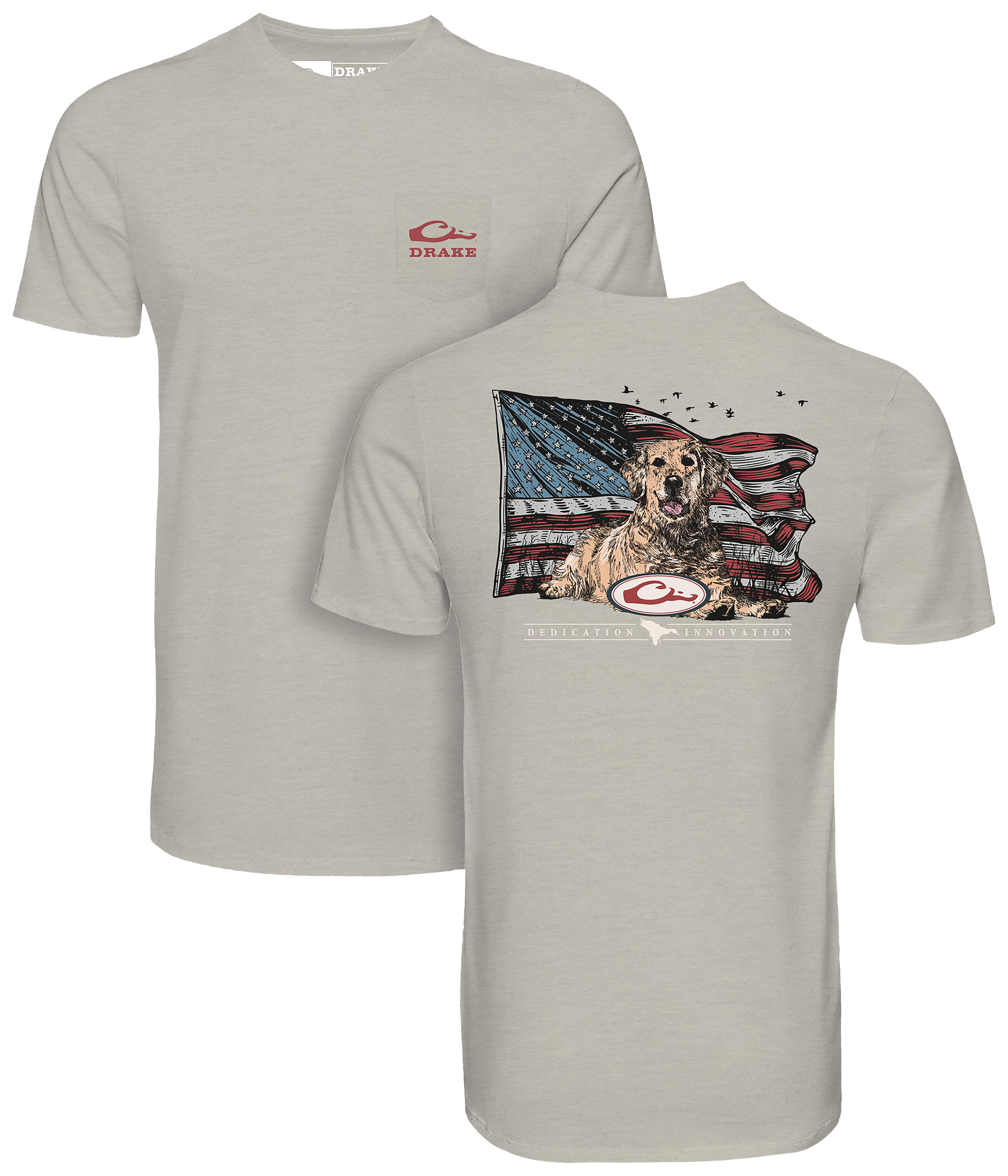 Image of Drake Waterfowl Americana Yellow Lab Flag Short-Sleeve Pocket T-Shirt - Cobblestone Light Heather