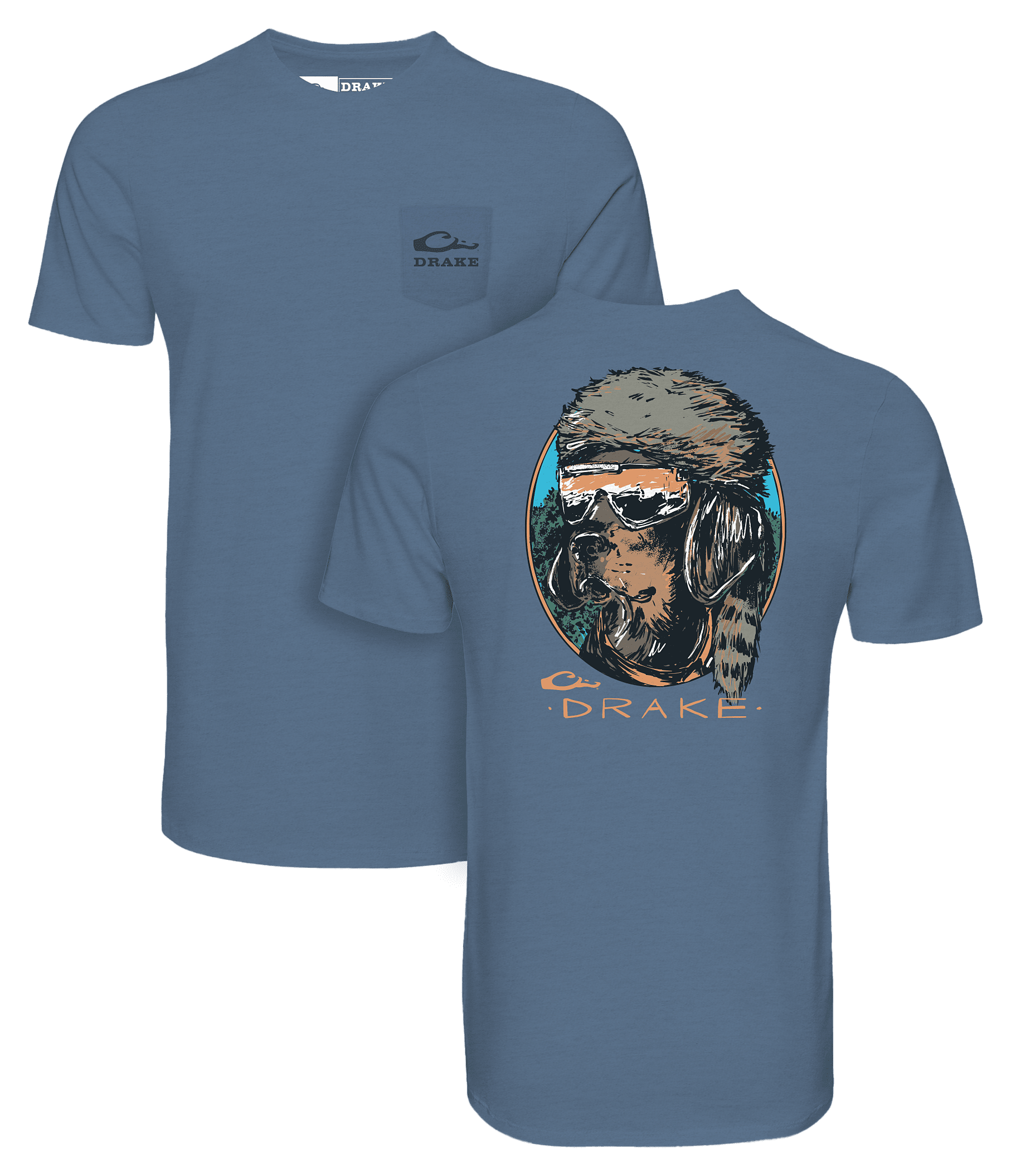 Image of Drake Waterfowl Pop Art Coonskin Cap Lab Short-Sleeve Pocket T-Shirt - Coronet Blue Heather