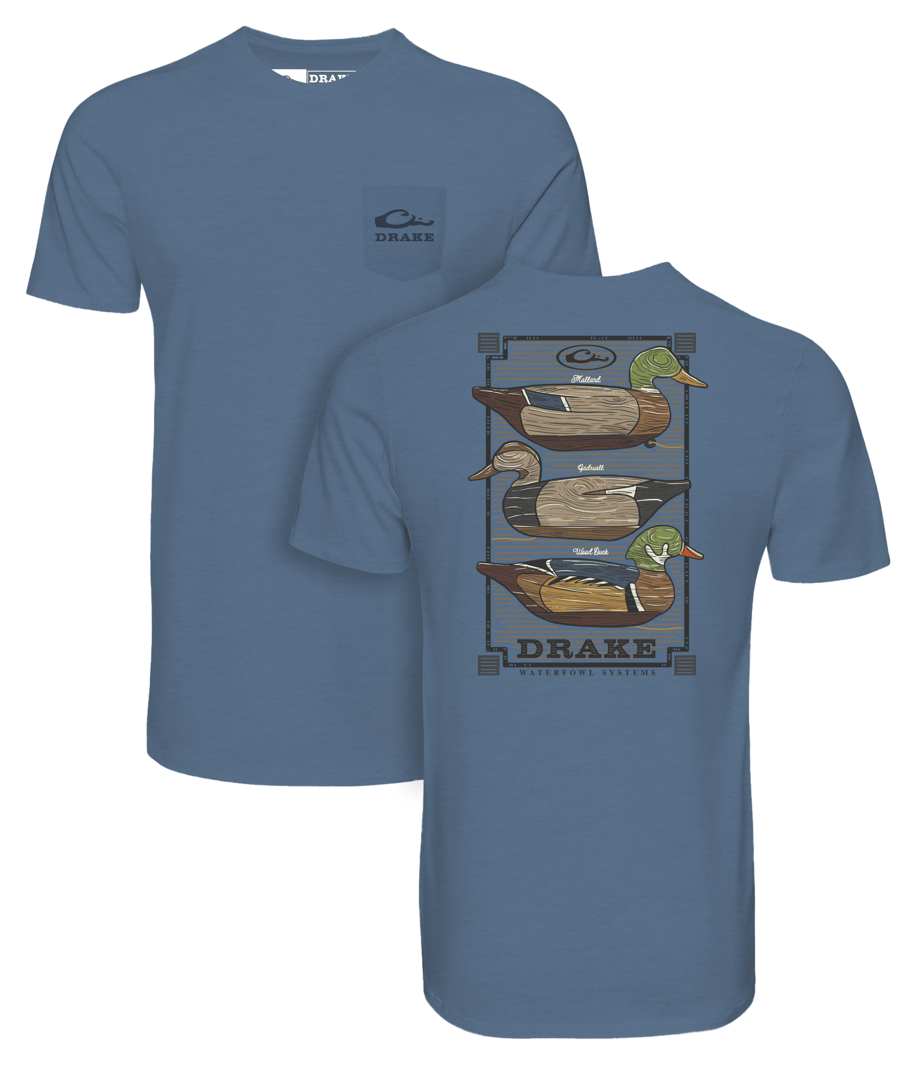 Image of Drake Waterfowl Vintage Decoy Stack Short-Sleeve Pocket T-Shirt - Coronet Blue Heather