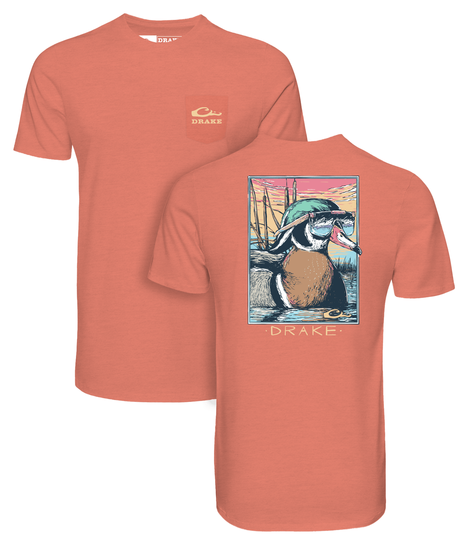 Image of Drake Waterfowl Pop Art Wood Duck Sunglasses Short-Sleeve Pocket T-Shirt - Peach Echo Light Heather