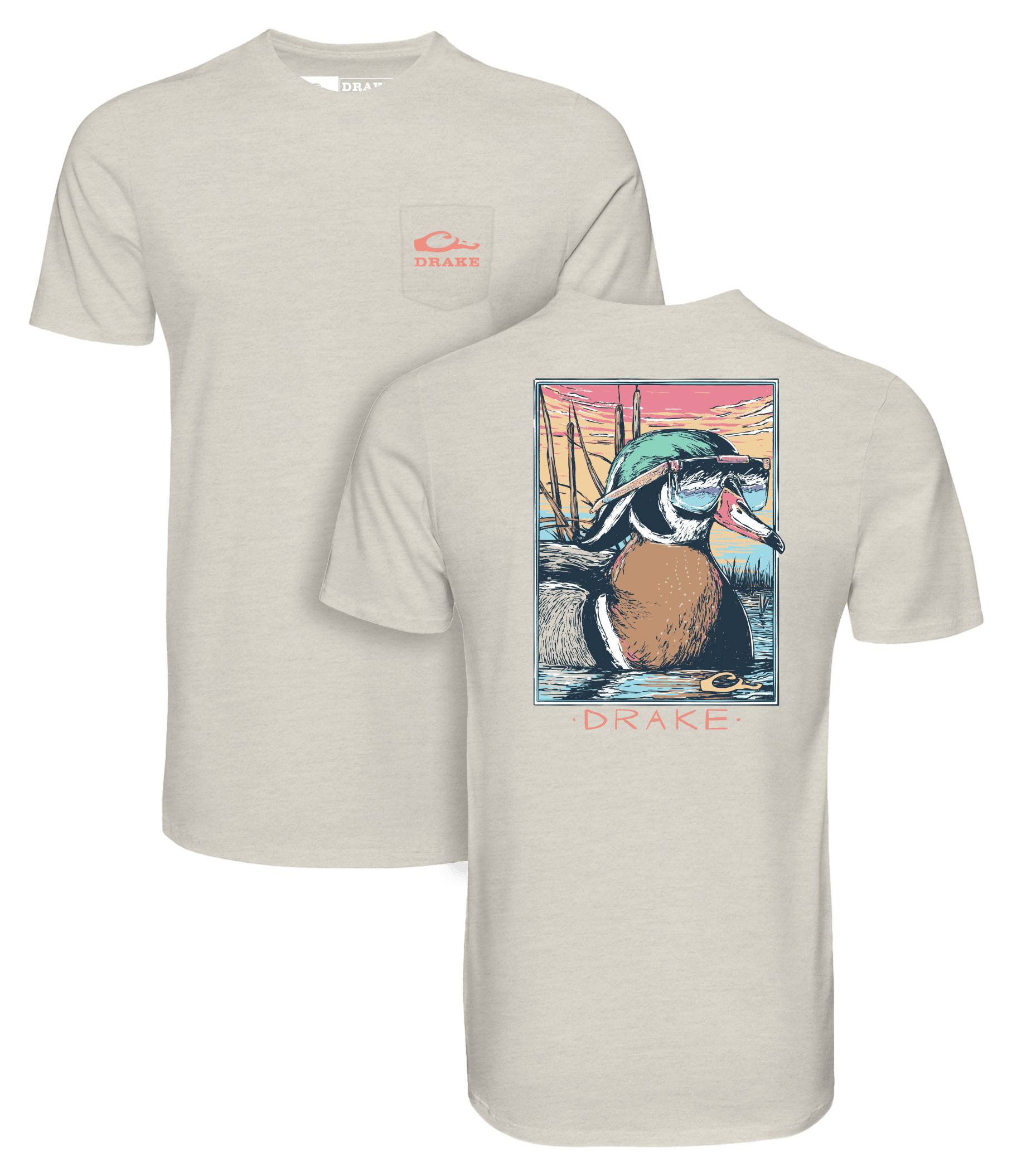 Image of Drake Waterfowl Pop Art Wood Duck Sunglasses Short-Sleeve Pocket T-Shirt - Coconut Milk