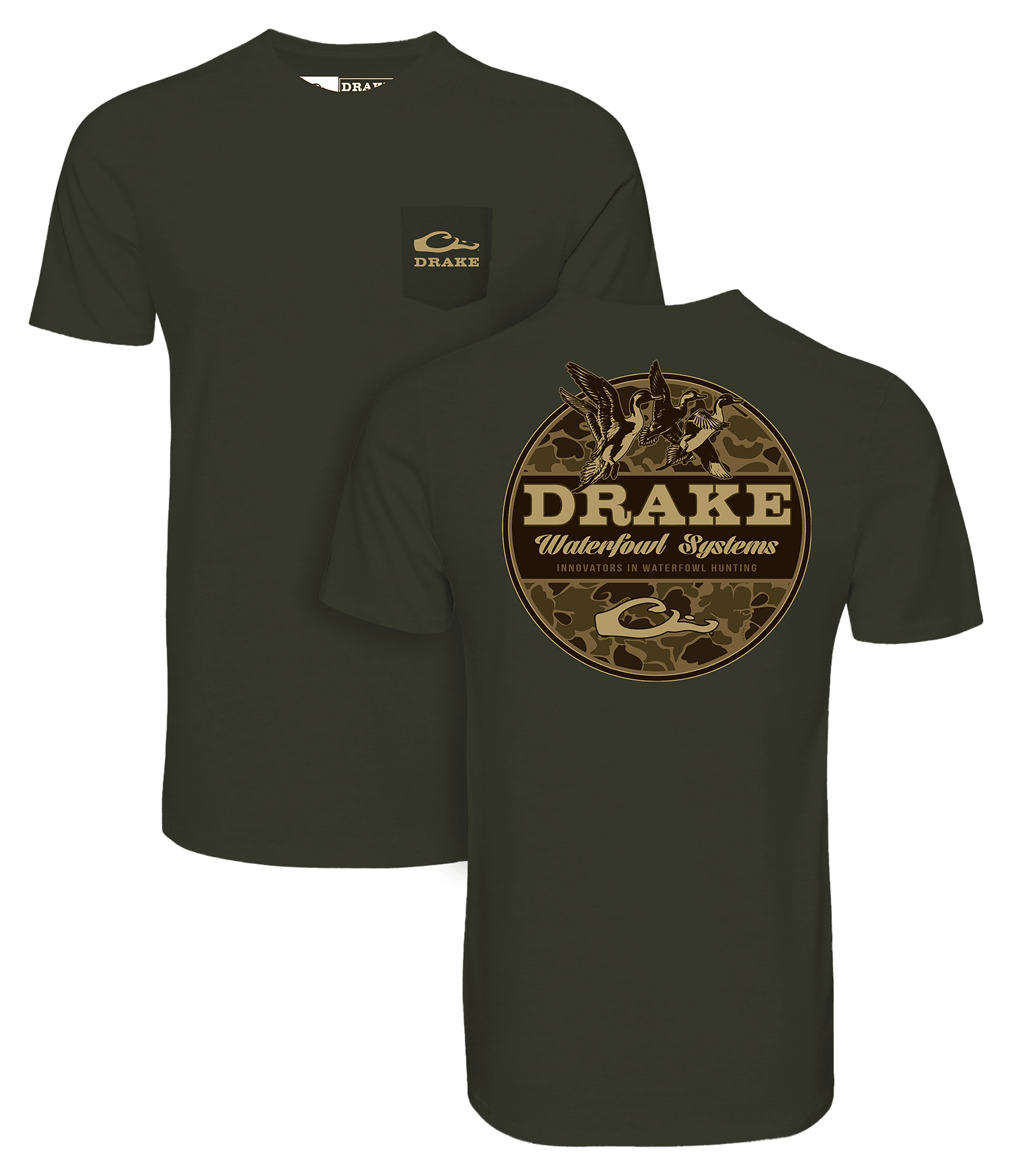 Image of Drake Waterfowl Old School Circle Short-Sleeve Pocket T-Shirt - Deep Depths Dark Heather