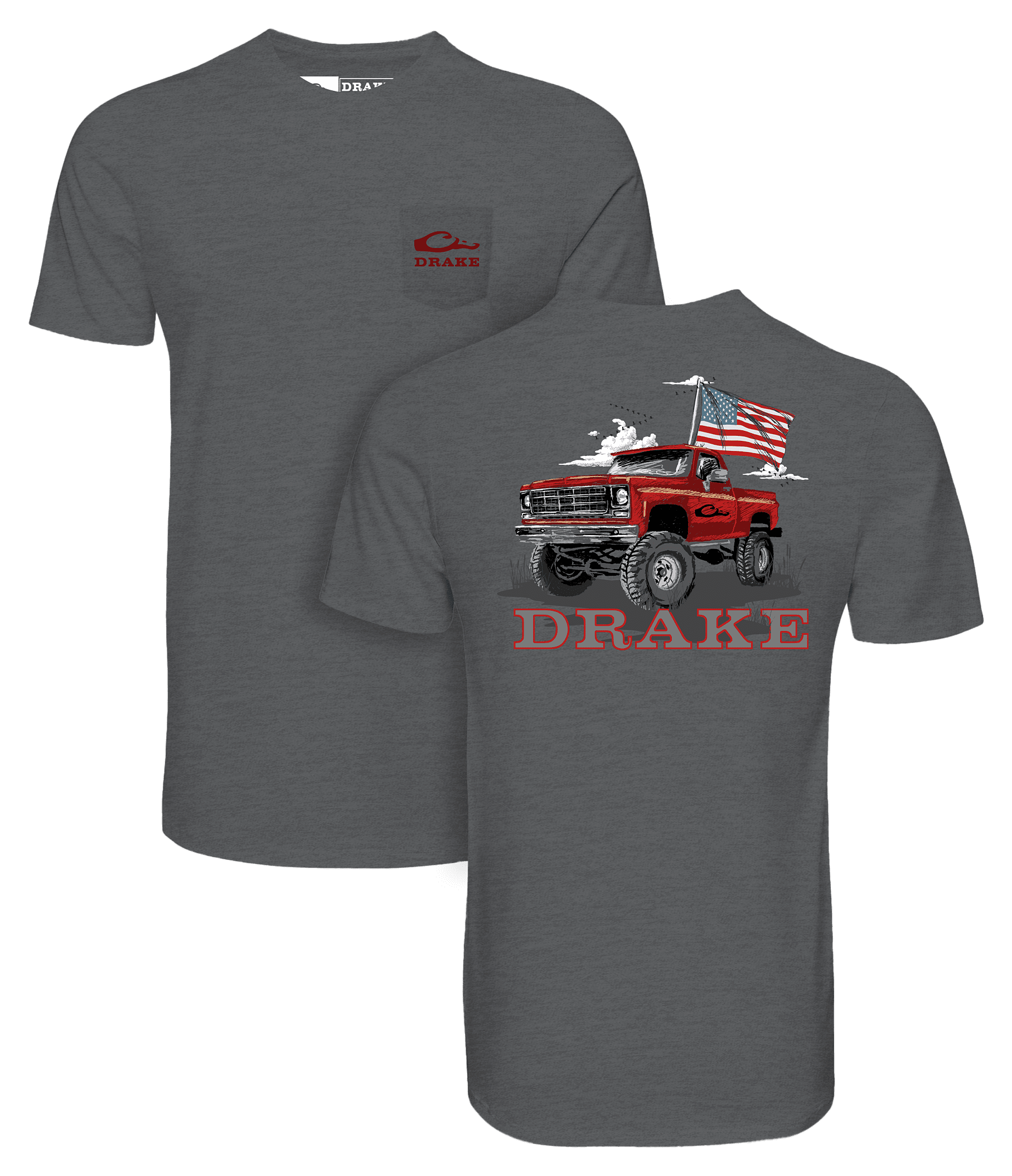 Image of Drake Waterfowl Americana Flag Truck Short-Sleeve Pocket T-Shirt - Graphite Heather