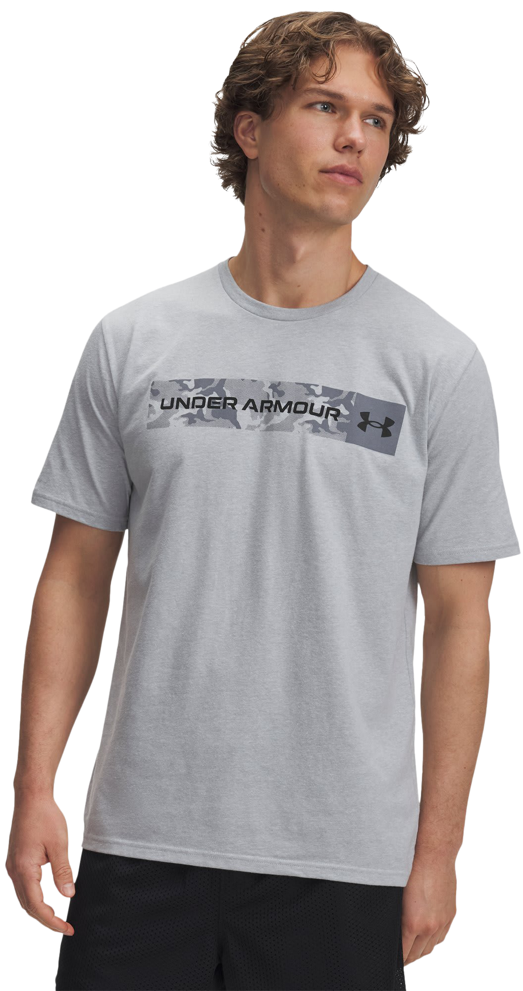 Image of Under Armour Camo Chest Stripe Short-Sleeve T-Shirt - Mod Gray Light Heather/Ttitan Gray/Black