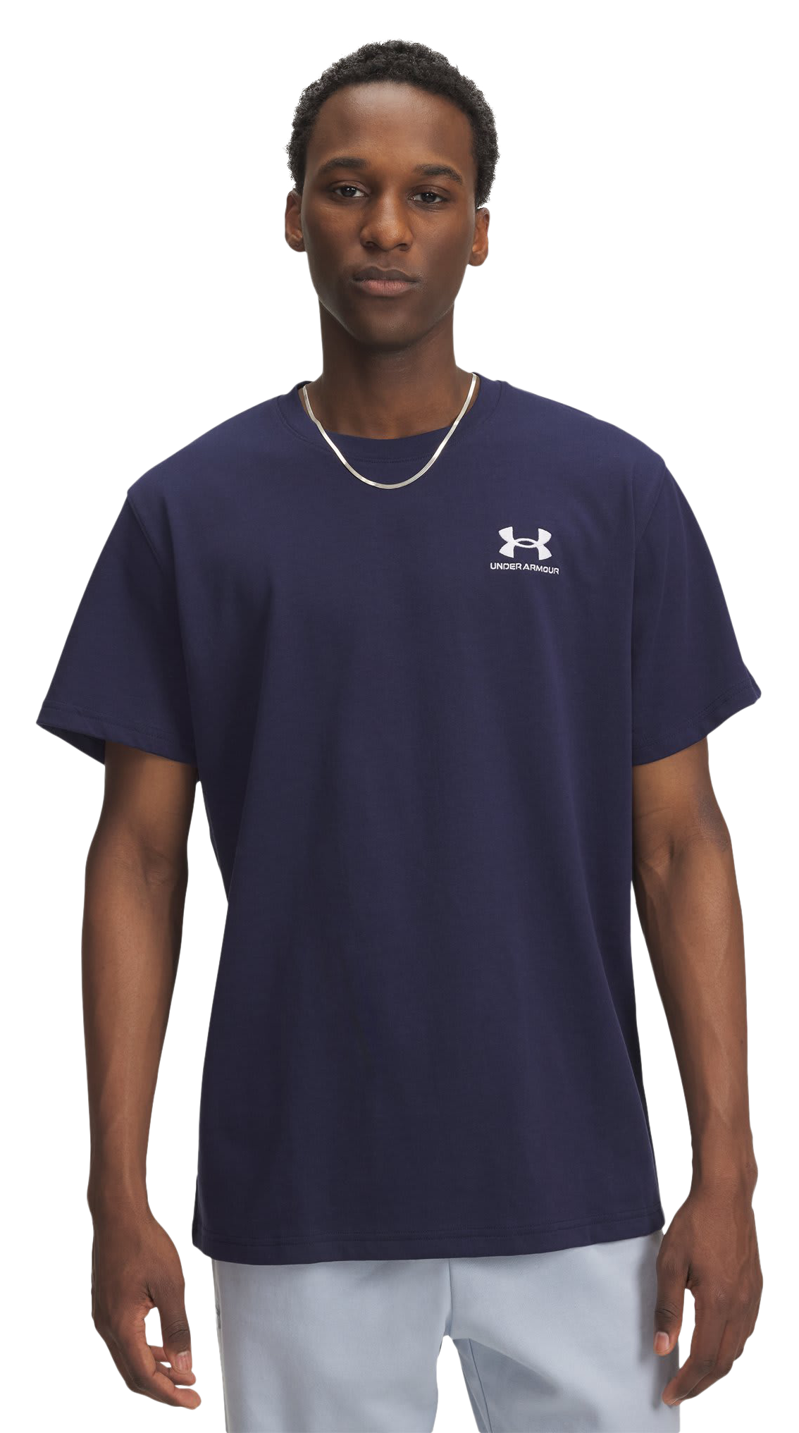 Image of Under Armour Logo Embroidered Heavyweight Short-Sleeve Shirt - Midnight Navy/White