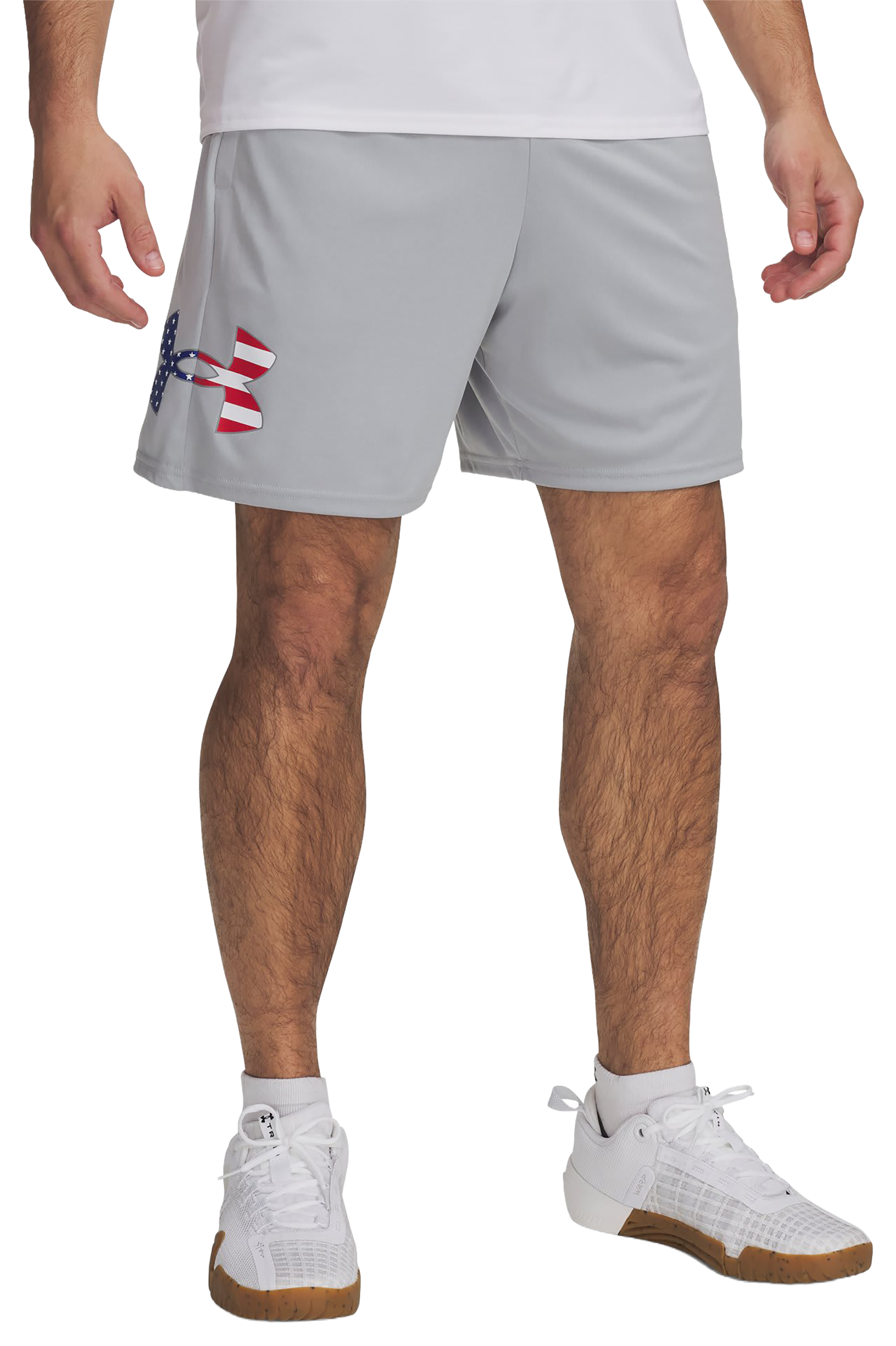 Image of Under Armour Freedom Tech Shorts - Mod Gray Light Heather/Red