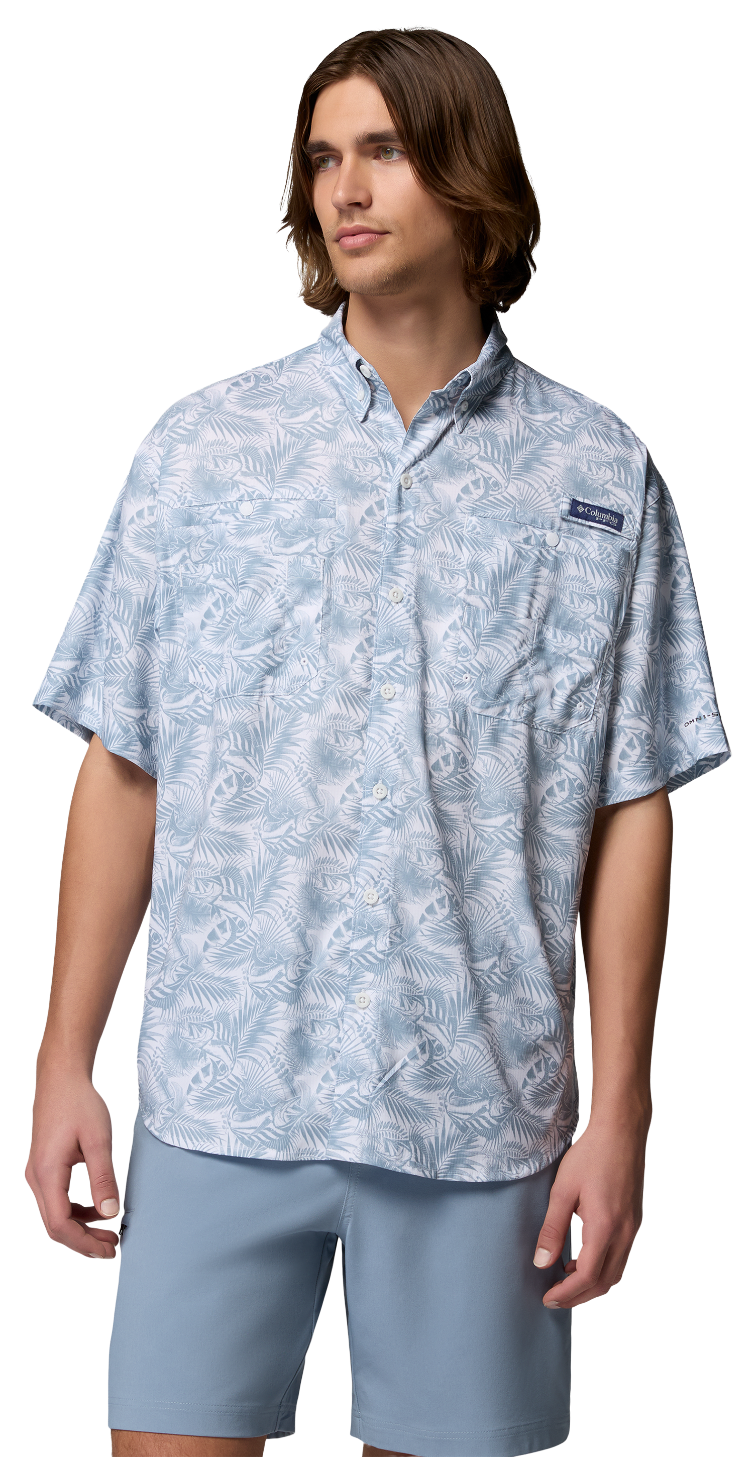 Image of Columbia PFG Super Tamiami Short-Sleeve Button-Down Shirt - Dockside Blue Roosters
