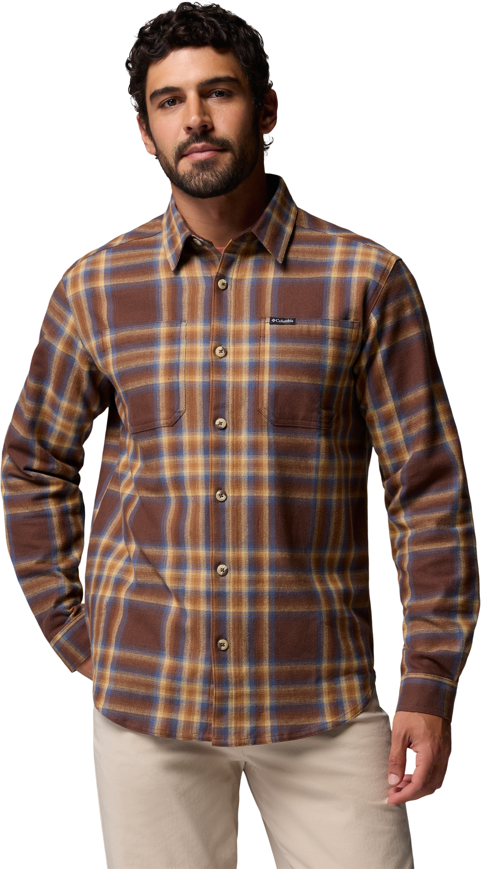 Image of Columbia Pitchstone Stretch Flannel Long-Sleeve Shirt - Tobacco Twilights Ombre Plaid
