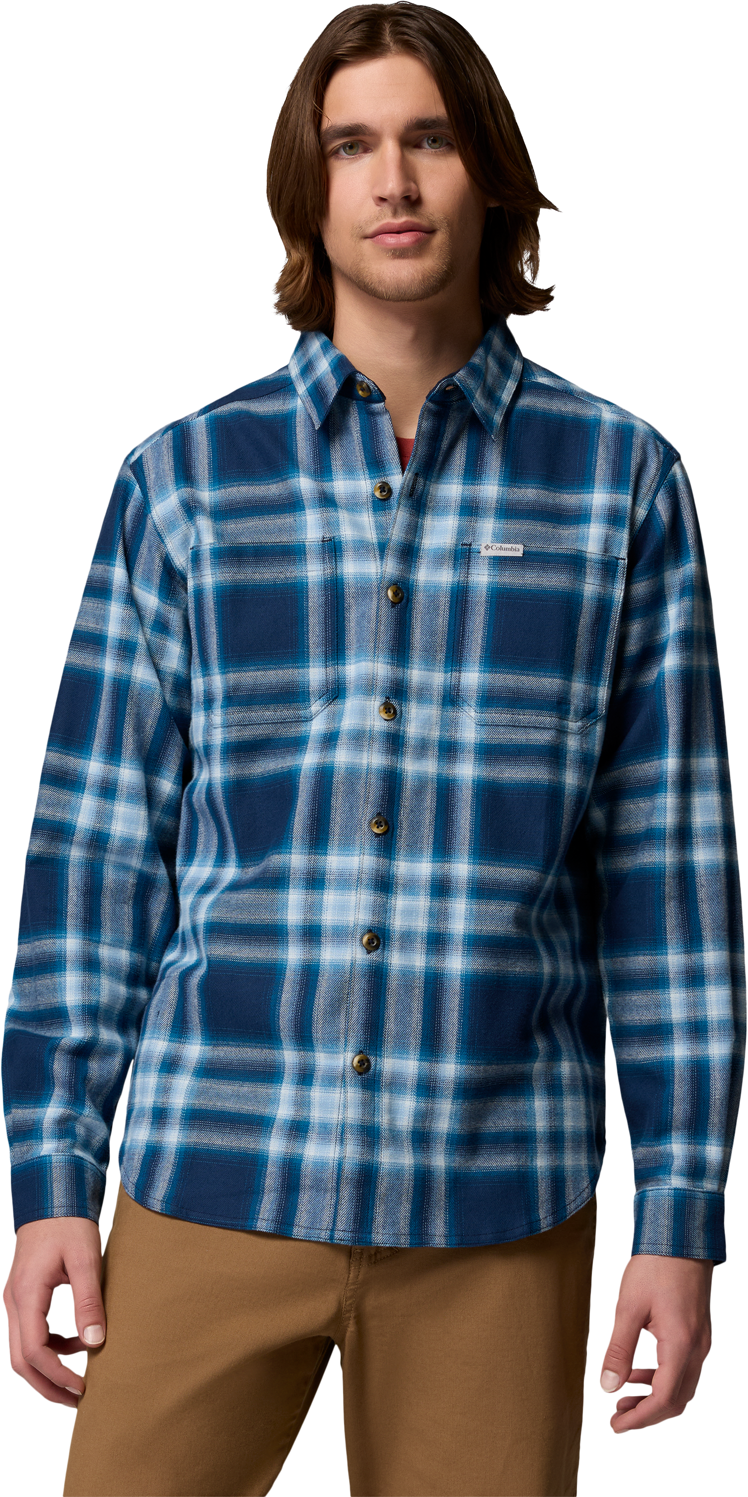 Image of Columbia Pitchstone Stretch Flannel Long-Sleeve Shirt - Collegiate Navy Twilights Ombre Plaid