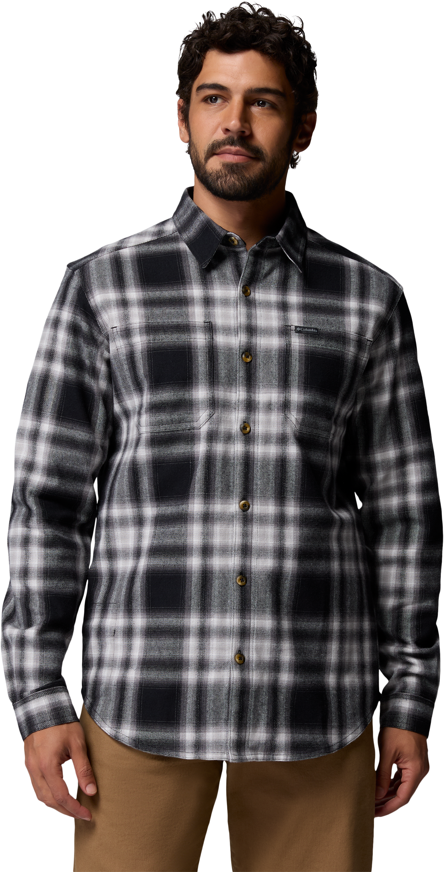 Image of Columbia Pitchstone Stretch Flannel Long-Sleeve Shirt - Black Twilights Ombre Plaid