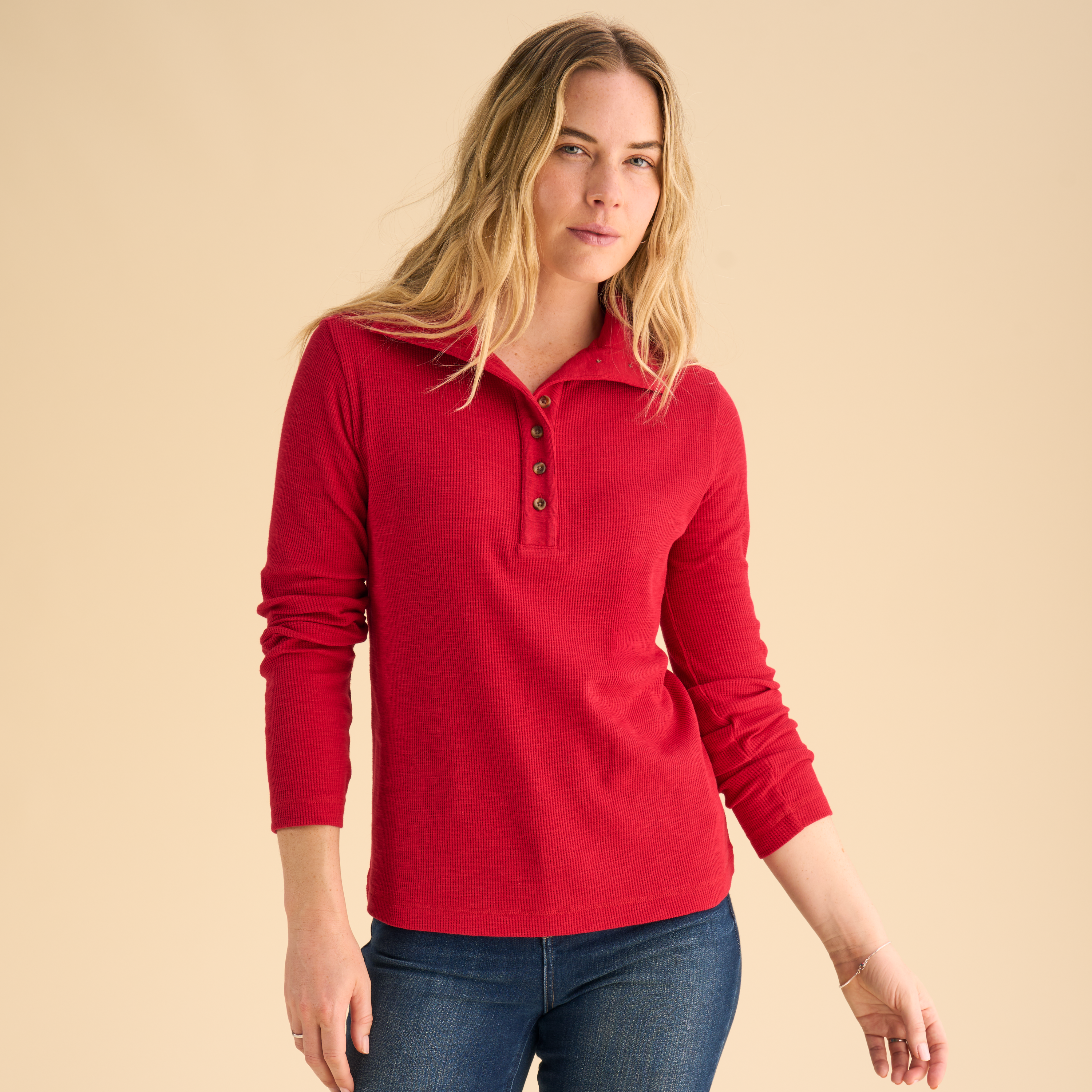 Natural Reflections Knit Long-Sleeve Henley - Haute Red by Natural Reflections - 