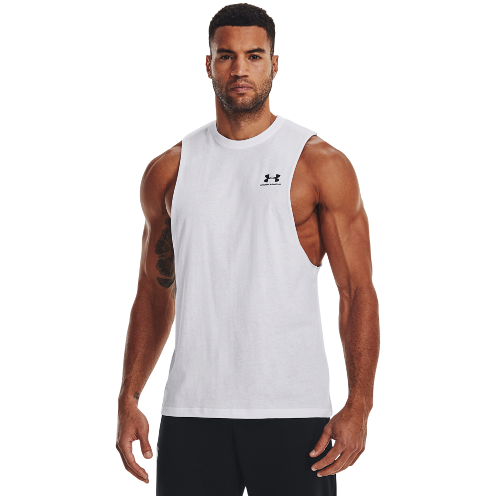 Image of Under Armour Sportstyle Left Chest Cut-Off Tank - White/Black