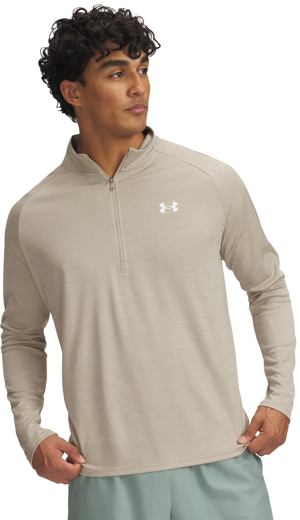 Image of Under Armour Tech Textured Half-Zip Pullover - City Khaki/Khaki Base/White