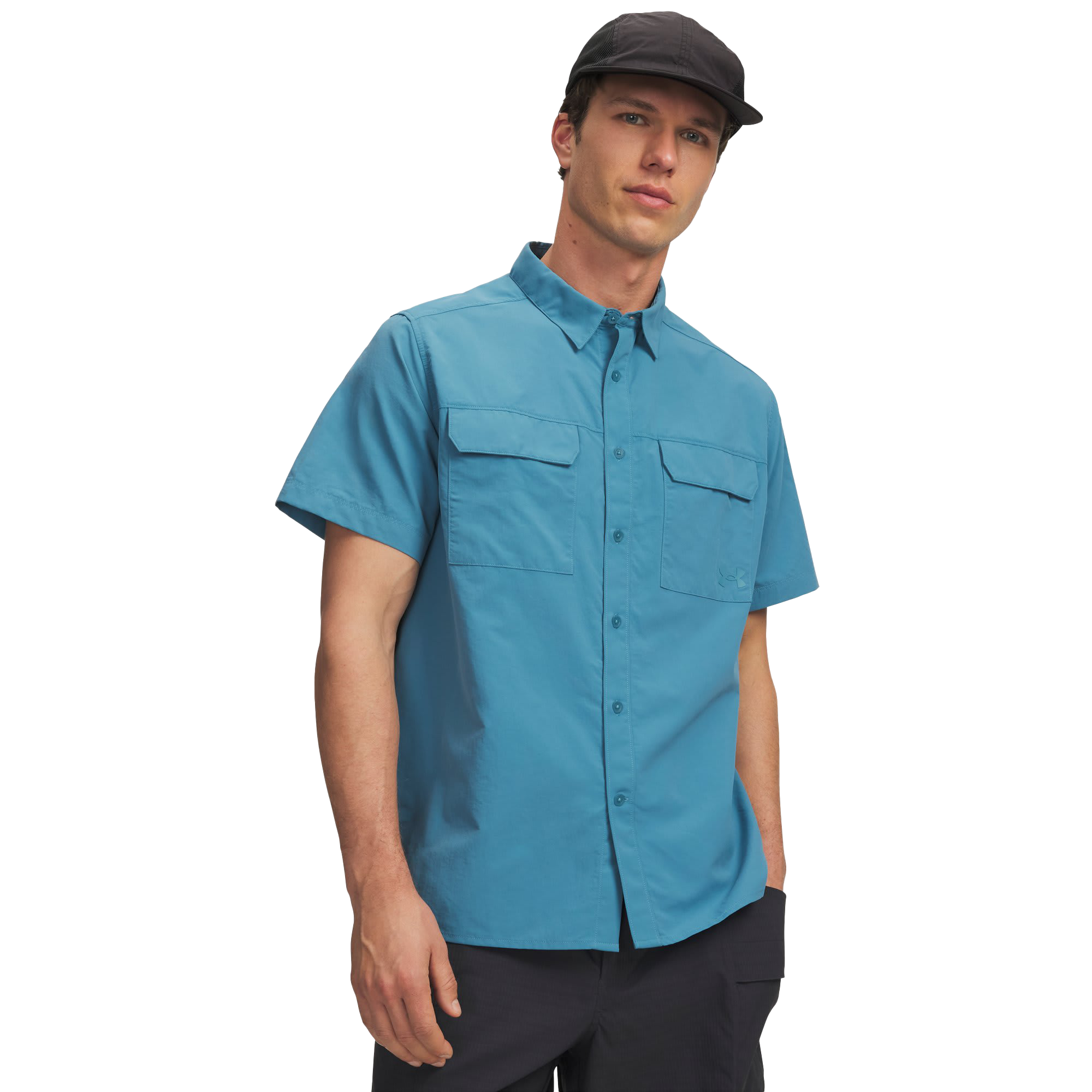 Image of Under Armour Explor Woven Button-Down Short-Sleeve Shirt - Boundless Blue
