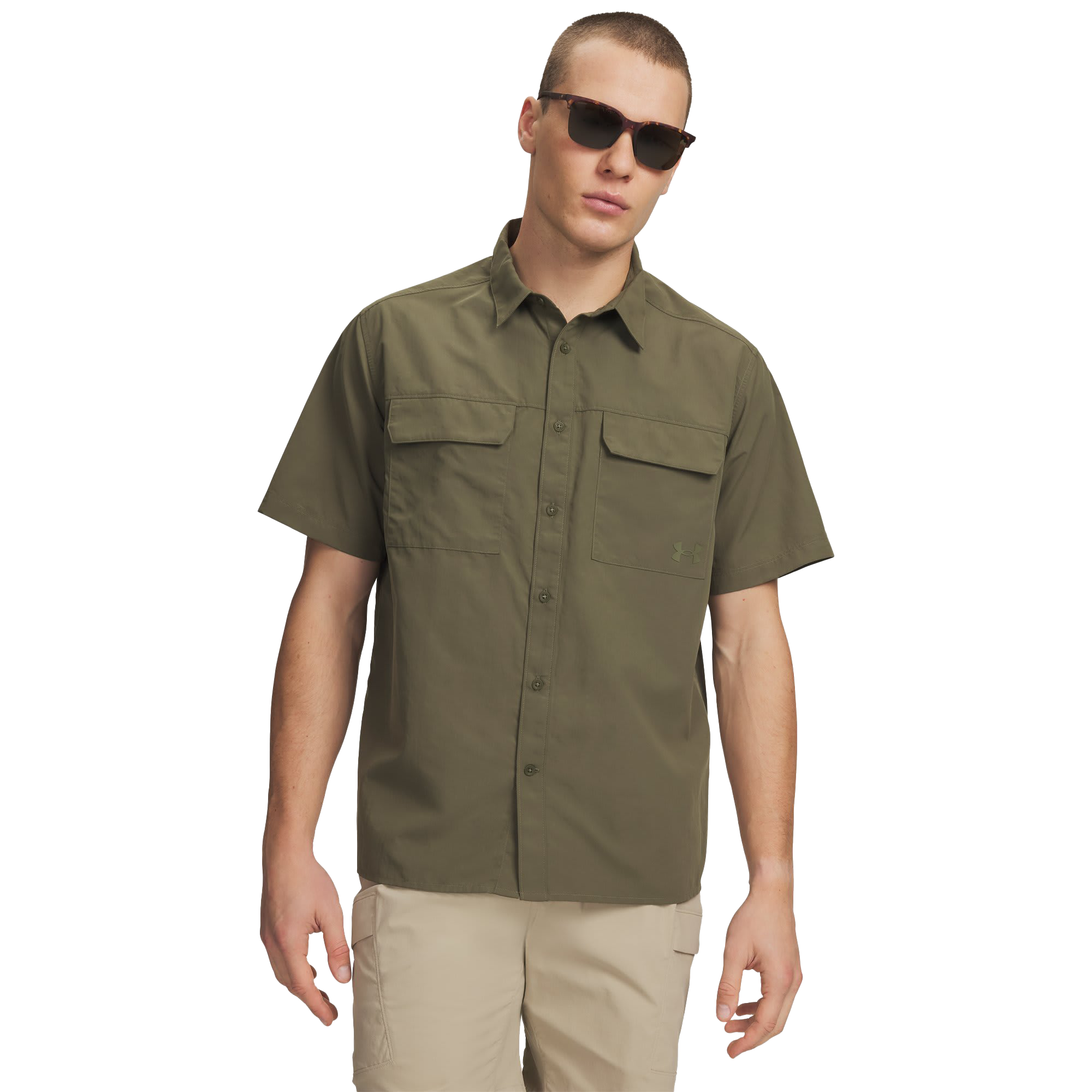 Image of Under Armour Explor Woven Button-Down Short-Sleeve Shirt - Marine OD Green