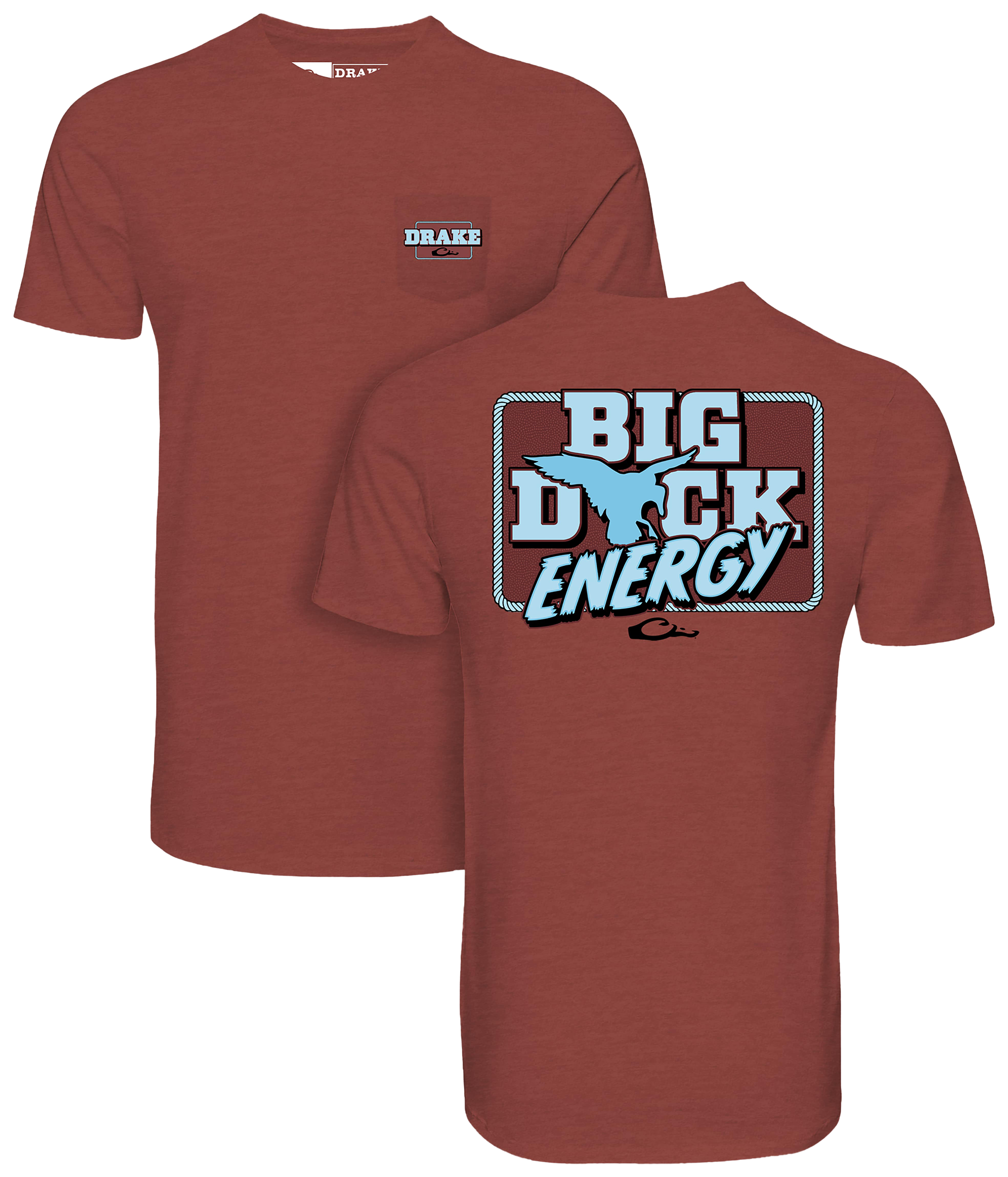 Image of Drake Waterfowl Big Duck Energy Short-Sleeve Pocket T-Shirt - Barn Red Light Heather