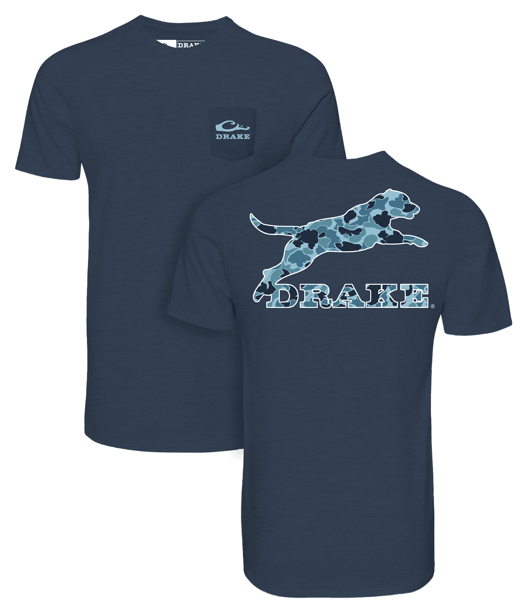 Image of Drake Waterfowl Leaping Lab Old School Short-Sleeve Pocket T-Shirt - Night Sky Navy Heather