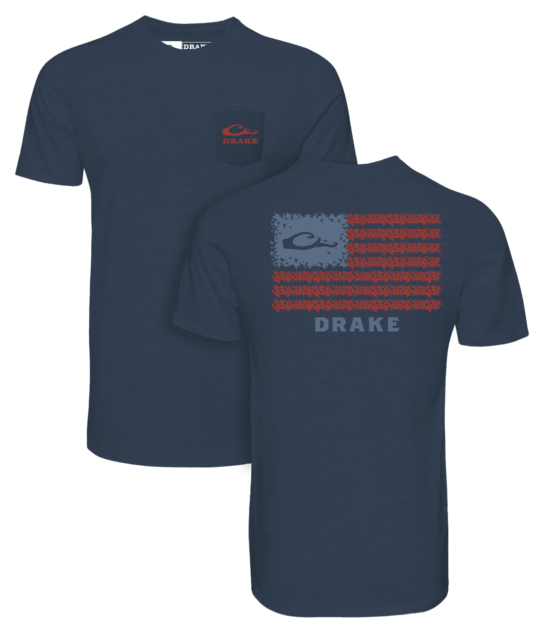 Image of Drake Waterfowl Americana Drake Flag Short-Sleeve T-Shirt - Night Sky Navy Heather