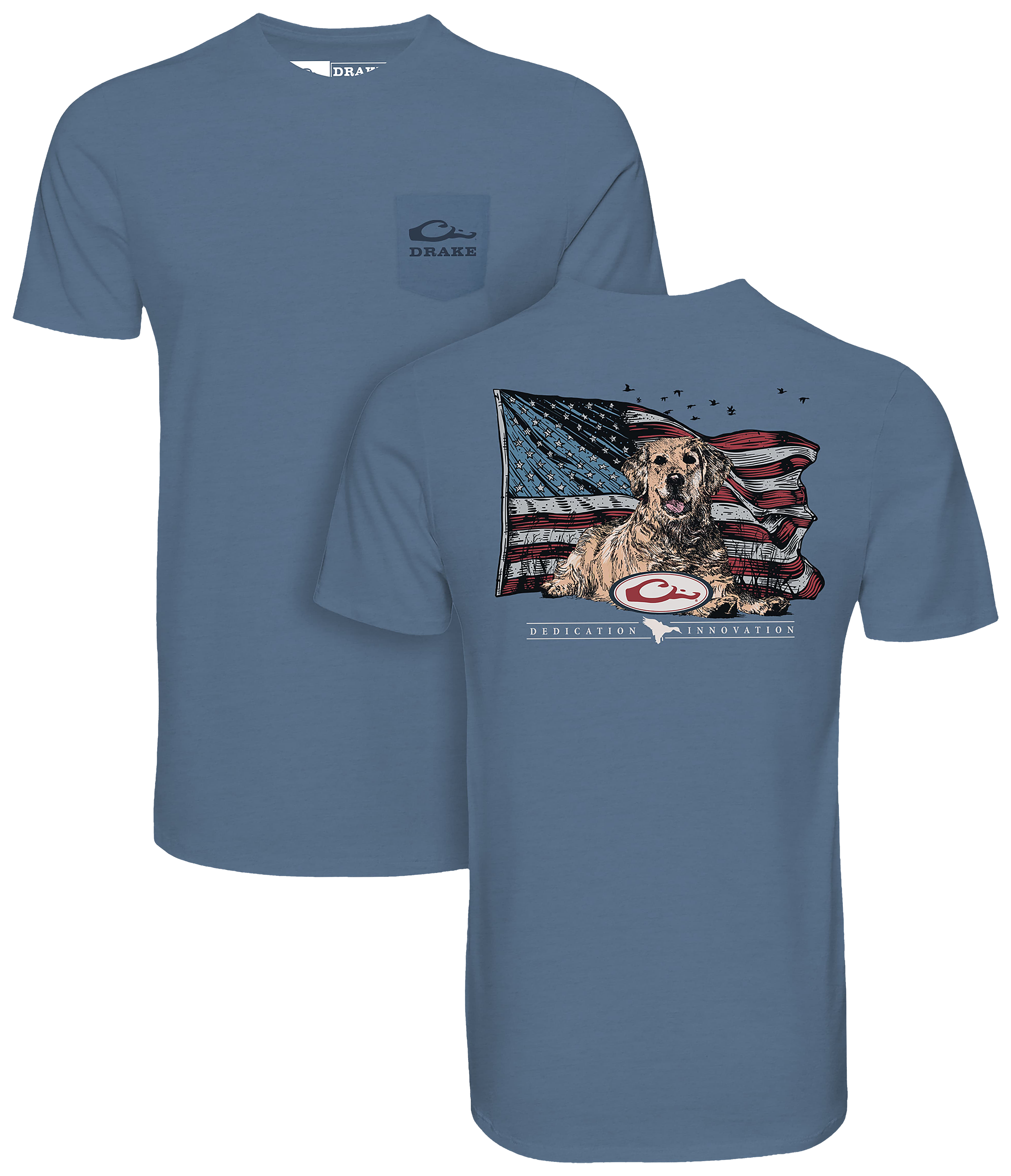 Image of Drake Waterfowl Americana Yellow Lab Flag Short-Sleeve Pocket T-Shirt - Coronet Blue Heather