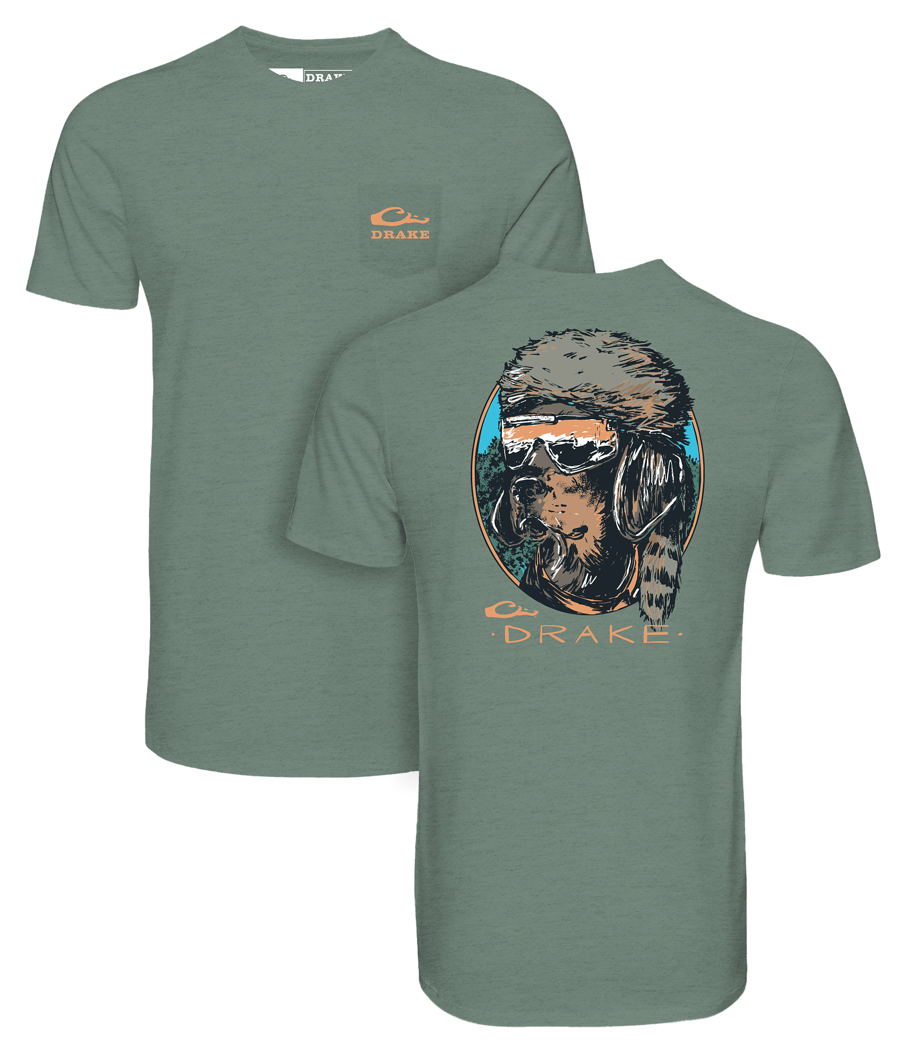 Image of Drake Waterfowl Pop Art Coonskin Cap Lab Short-Sleeve Pocket T-Shirt - Dark Ivy Heather