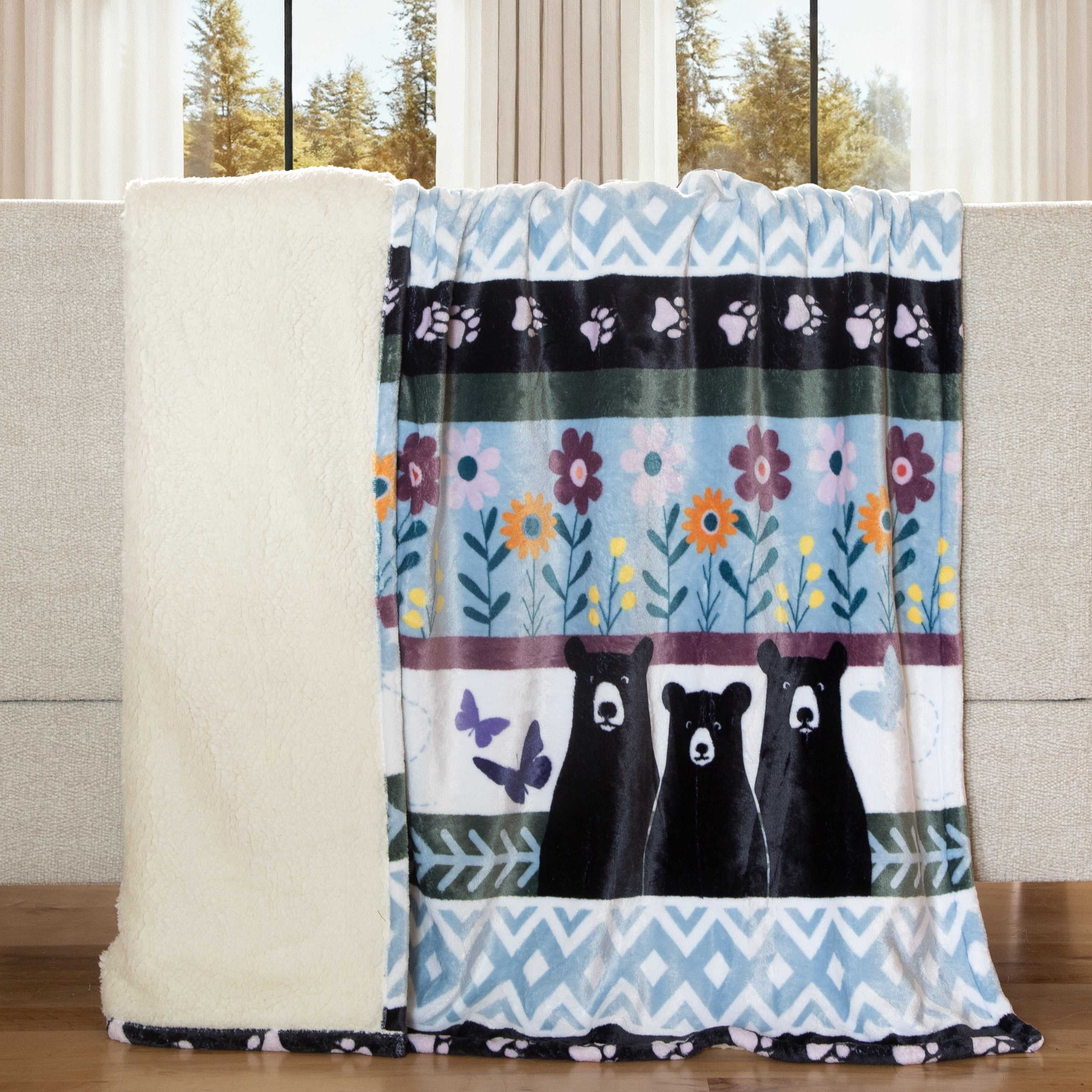 Image of Carstens, Inc. Plush Printed Front with Solid Sherpa Back Throw - Bear Garden