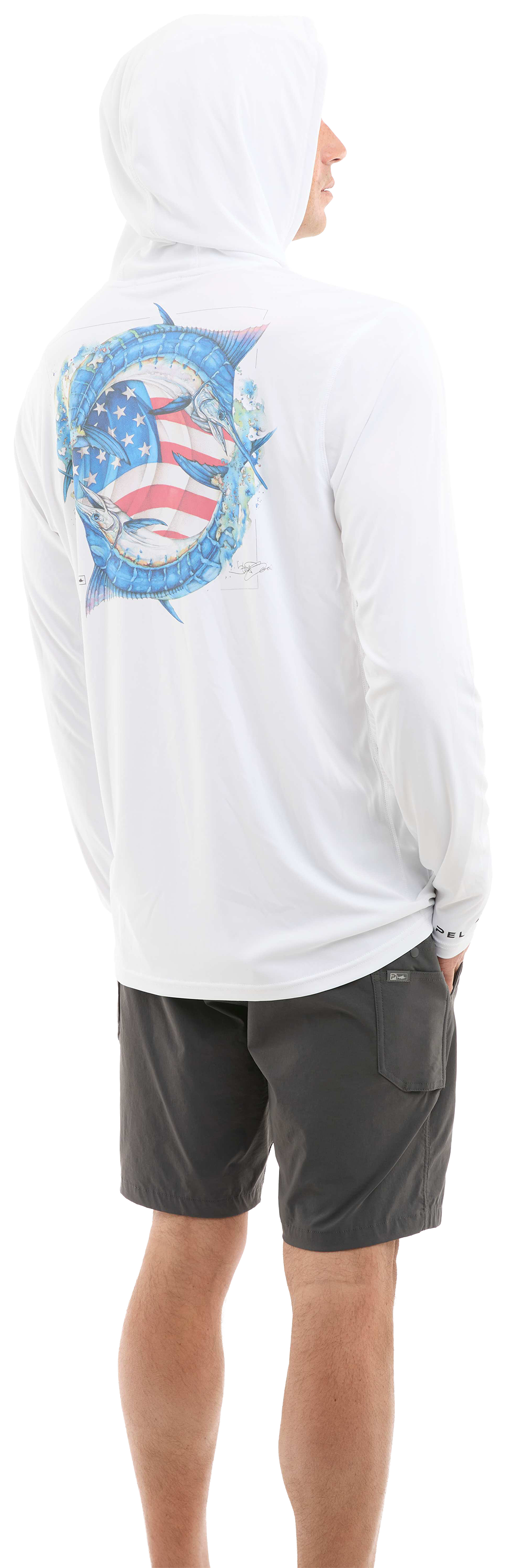 Image of Pelagic Vaportek American Marlin Hooded Fishing Shirt - White
