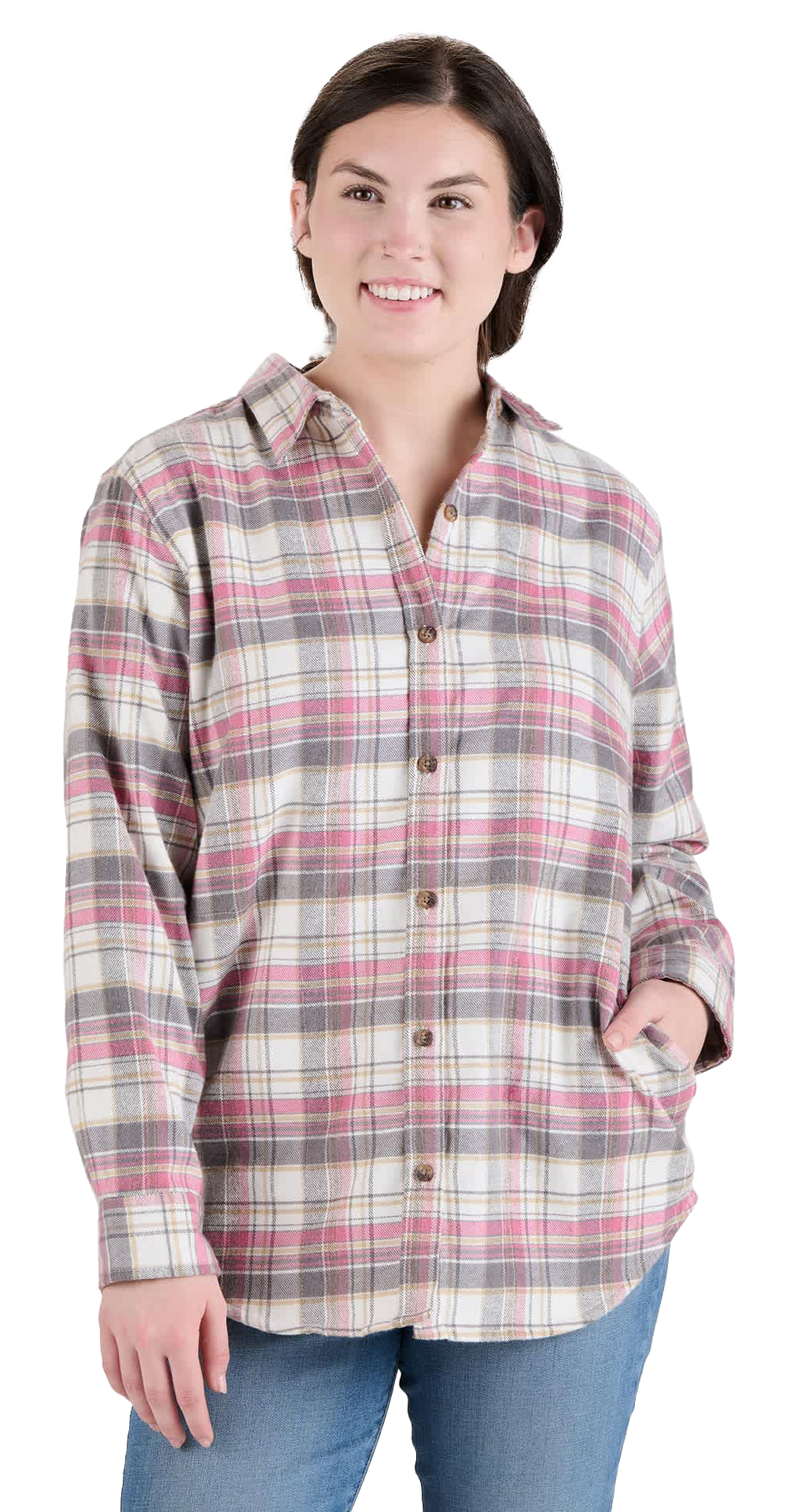 Image of Berne Midweight Flannel Long-Sleeve Shirt - Plaid Cream Grey Pink
