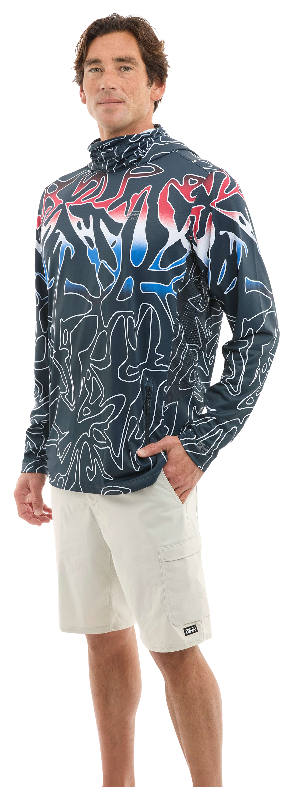 Image of Pelagic Exo-Tech Hooded Long-Sleeve Fishing Shirt - Red/White/Blue
