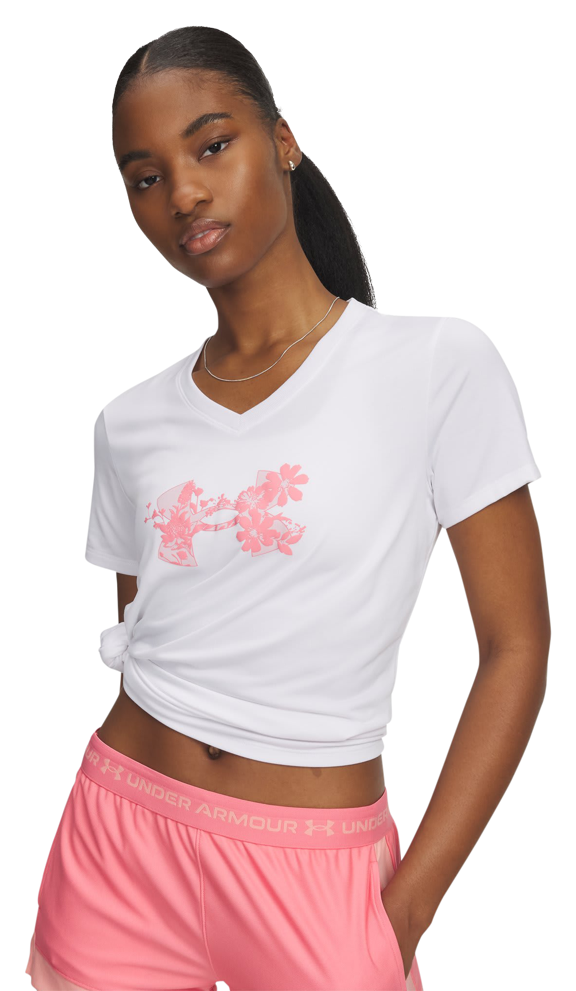 Image of Under Armour Tech Graphic V-Neck Short-Sleeve Shirt - White/Bittersweet Pink