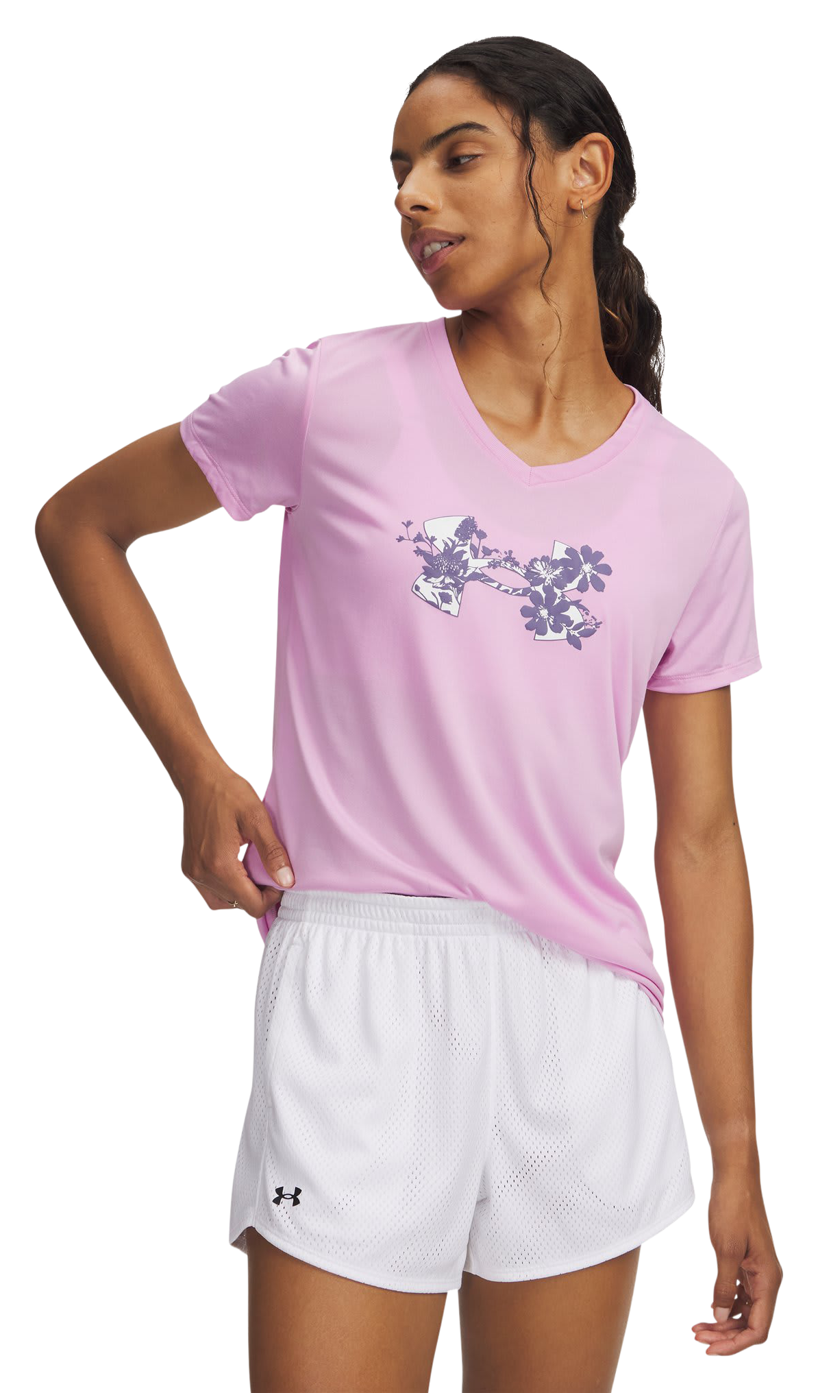 Image of Under Armour Tech Graphic V-Neck Short-Sleeve Shirt - Pink Dawn/White