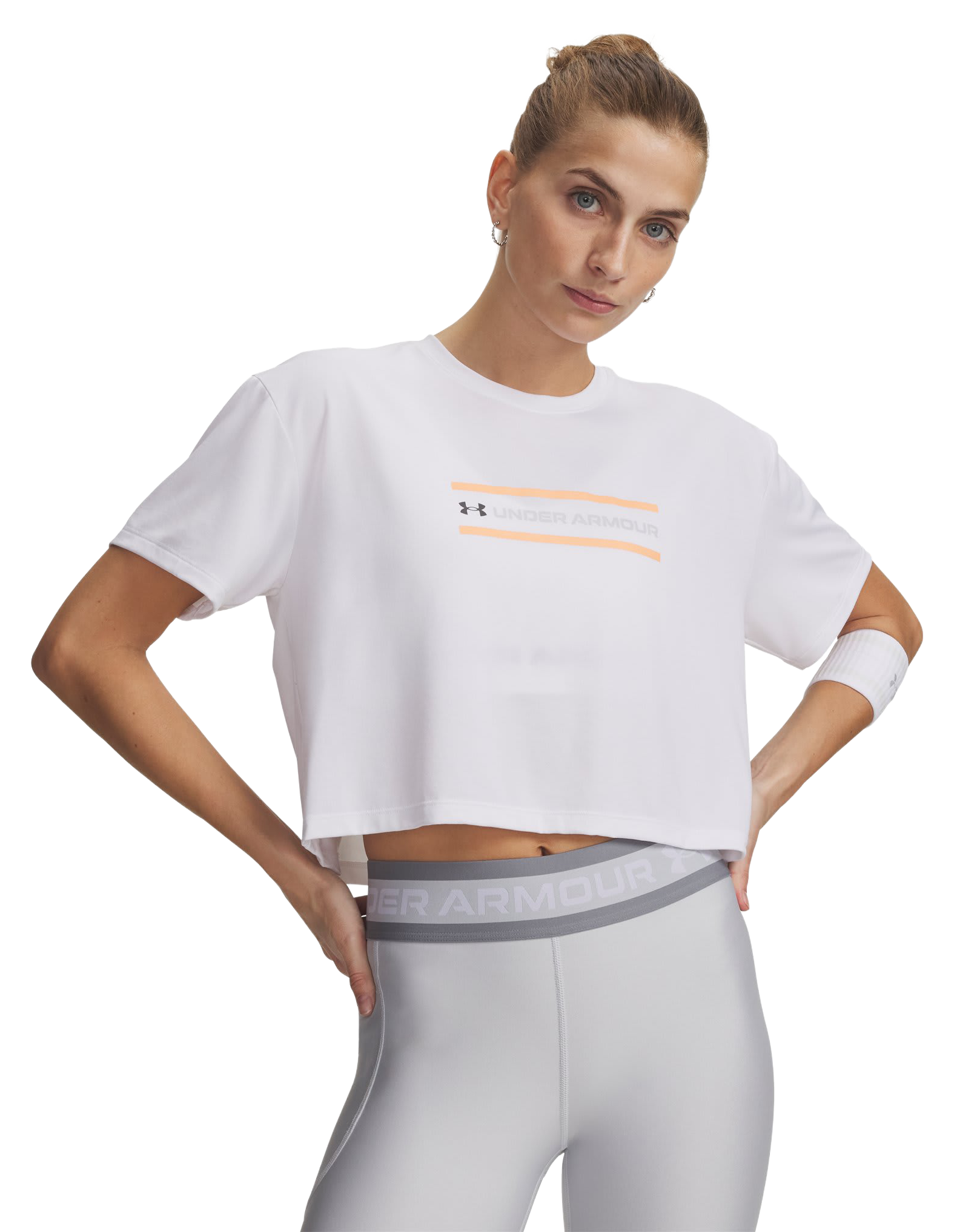 Image of Under Armour Tech Branded Crop Short-Sleeve Shirt - White/Orange Bloc/Halo Gray