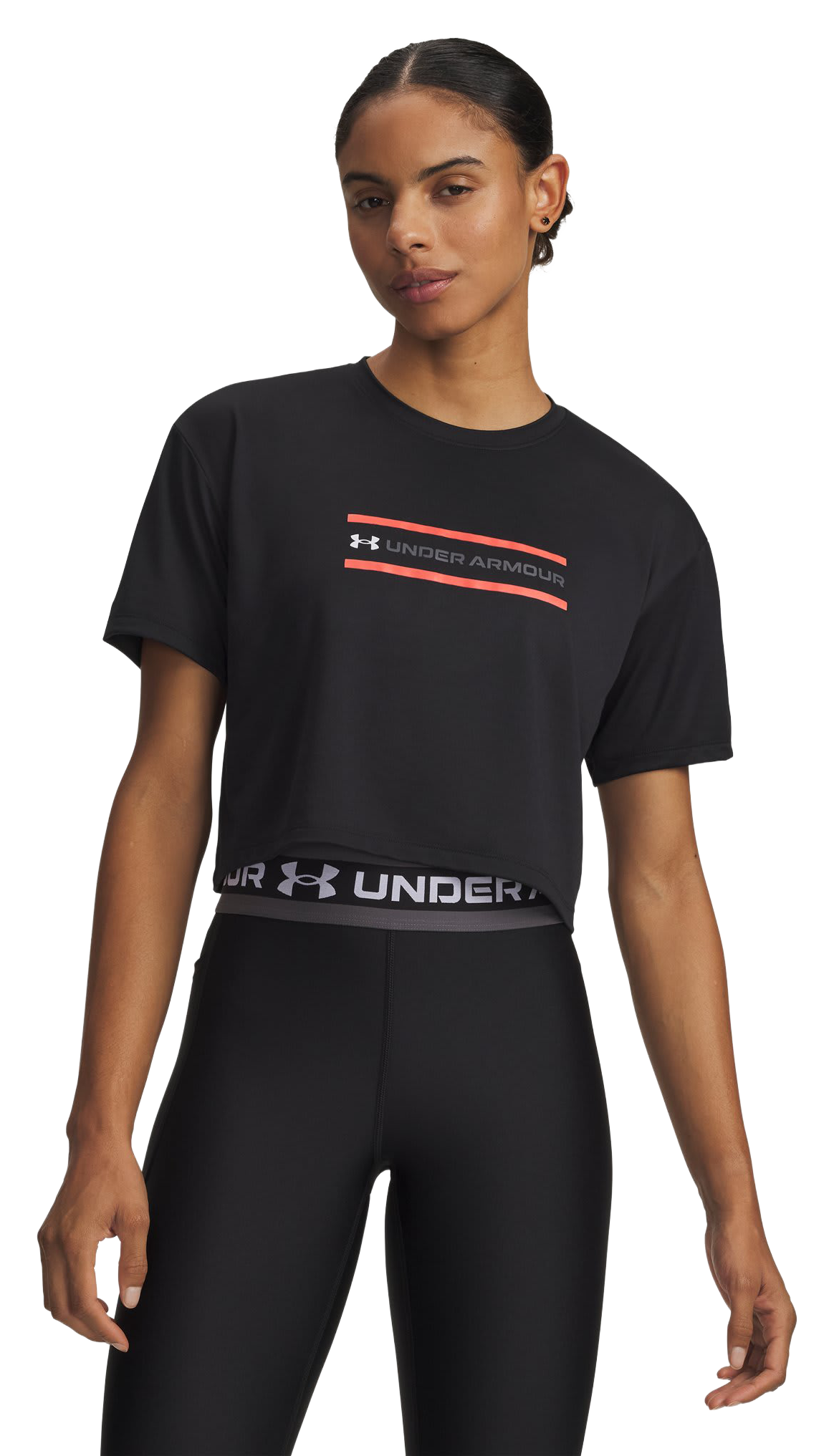 Image of Under Armour Tech Branded Crop Short-Sleeve Shirt - Black/Venom Red/White