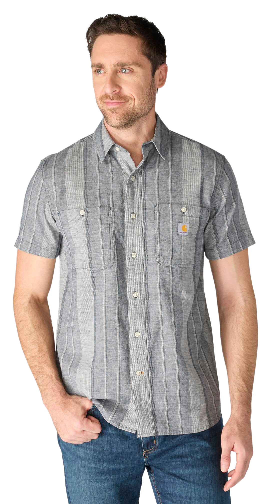 Image of Carhartt Bozeman Relaxed-Fit Plaid Short-Sleeve Button-Down Shirt - Navy
