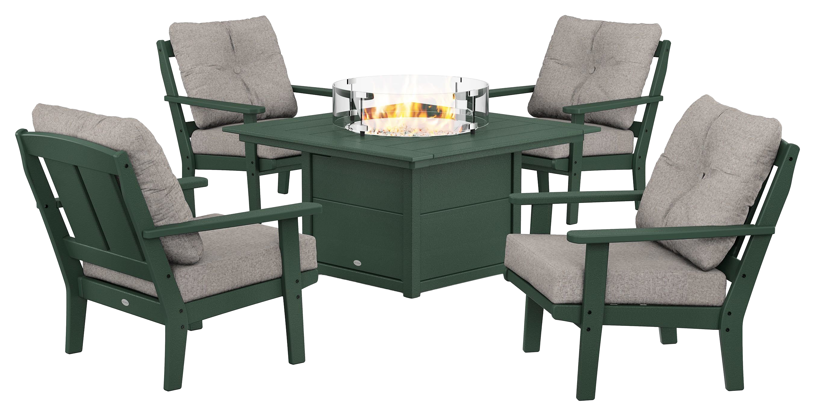 Image of POLYWOOD Mission 5-Piece Deep Seating Set with Fire Pit Table - Green/Weathered Tweed
