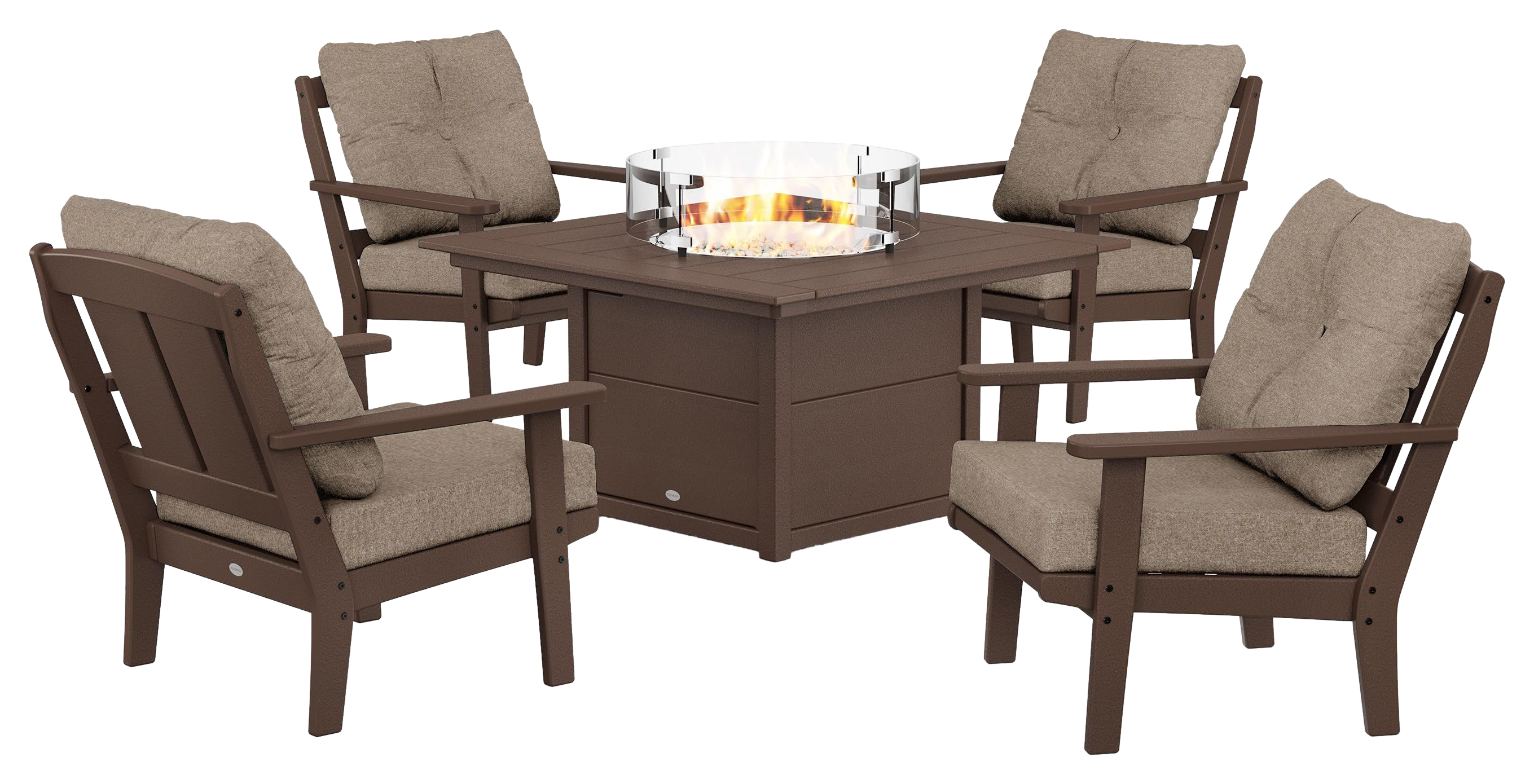 Image of POLYWOOD Mission 5-Piece Deep Seating Set with Fire Pit Table - Mahogany/Spiced Burlap