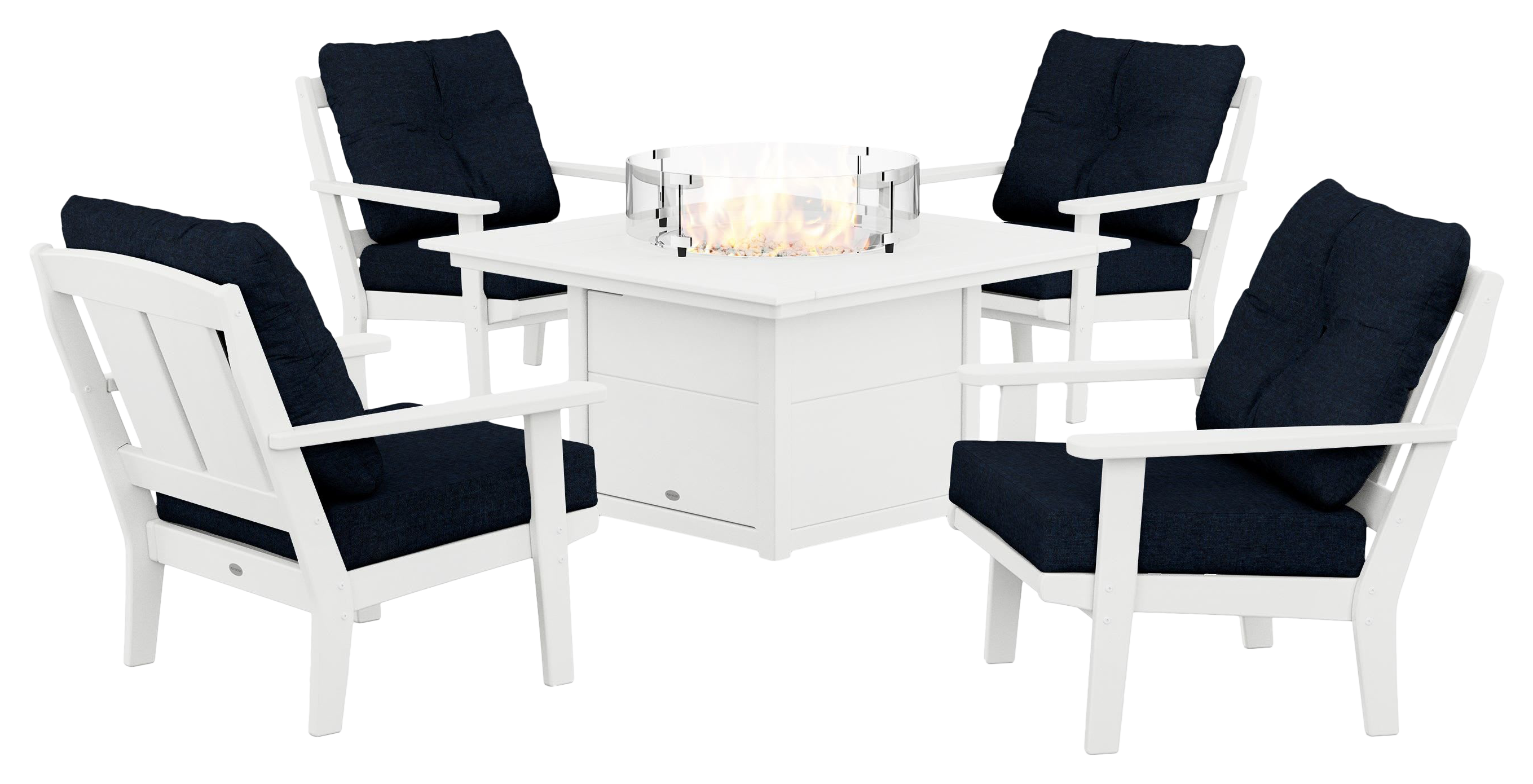 Image of POLYWOOD Mission 5-Piece Deep Seating Set with Fire Pit Table - White/Marine Indigo