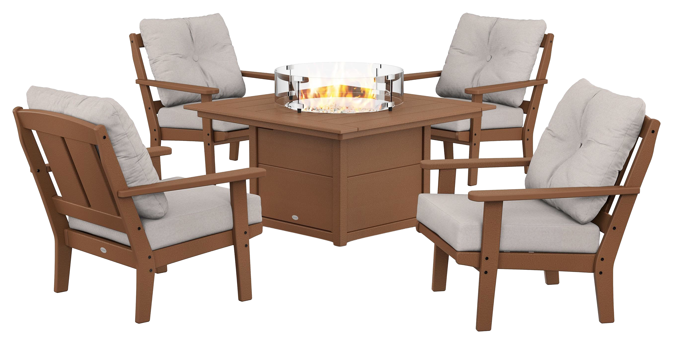 Image of POLYWOOD Mission 5-Piece Deep Seating Set with Fire Pit Table - Teak/Dune Burlap