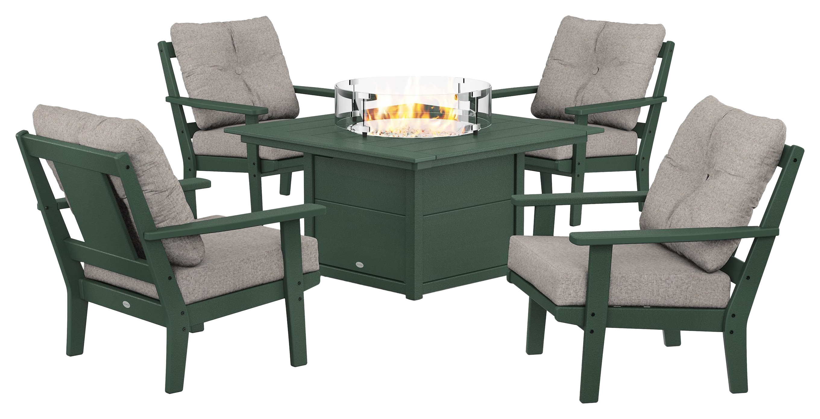 Image of POLYWOOD Prairie 5-Piece Deep Seating Set with Fire-Pit Table - Green/Weathered Tweed
